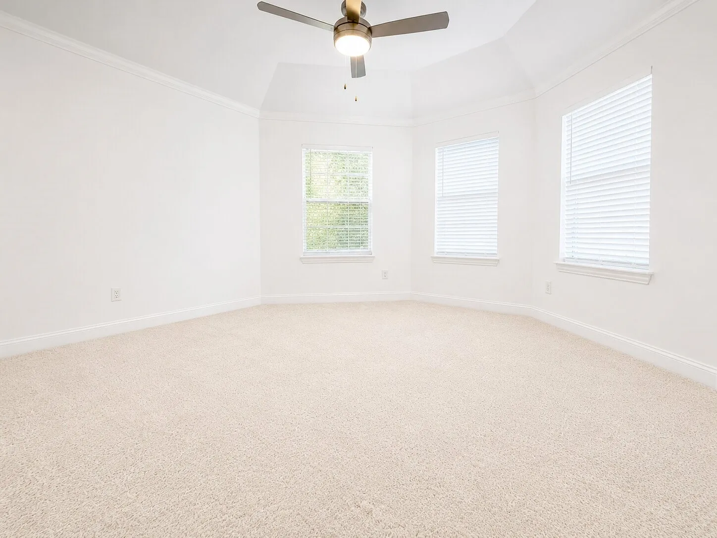 Recessed ceiling featuring a bronze-finish ceiling fan, three windows with blinds, crown molding, and neutral-tone carpet flooring