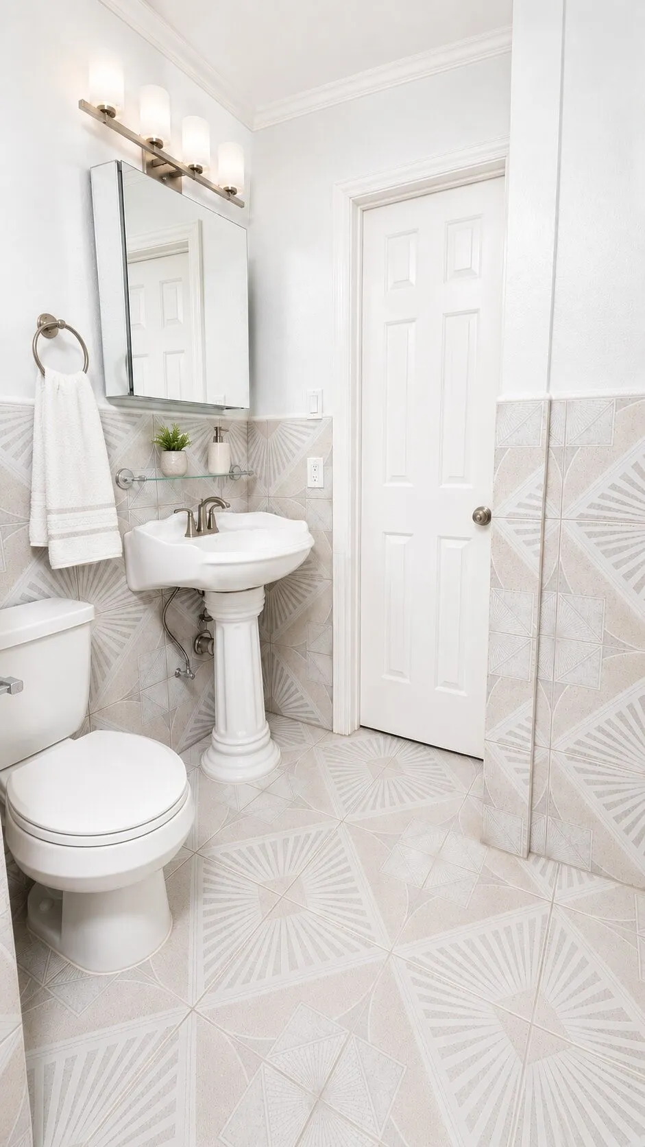 Bathroom featuring decorative floor and wall tiling, a pedestal sink with a chrome faucet, a wall-mounted medicine cabinet, and a four-light vanity fixture