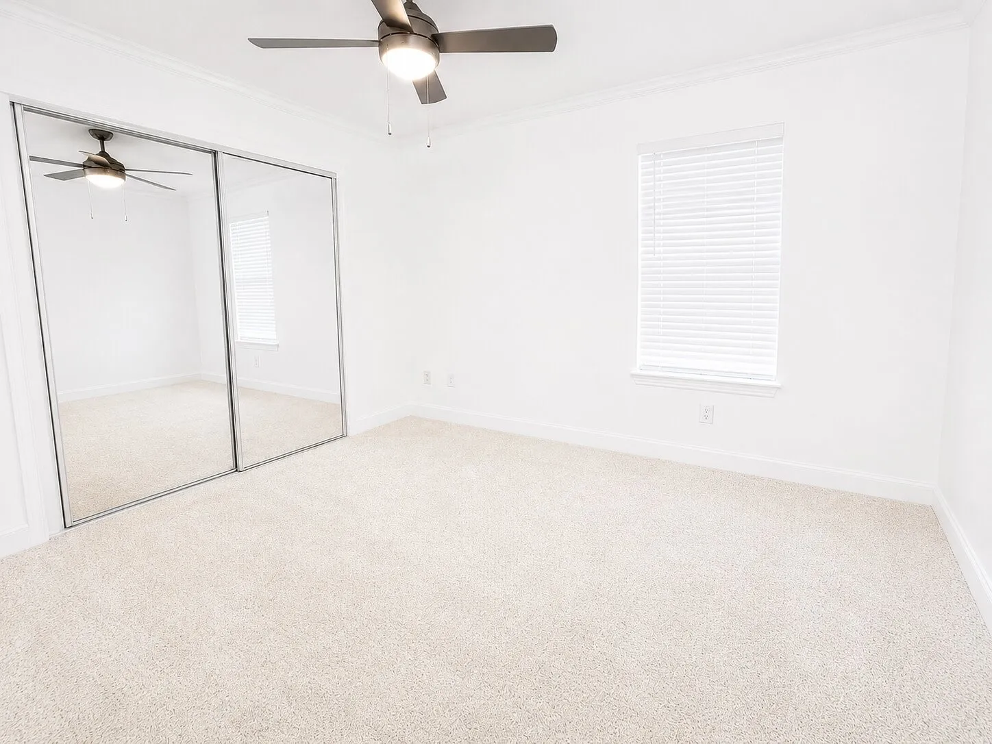 Room featuring neutral-toned carpet, a ceiling fan with integrated lighting, and a window with horizontal blinds