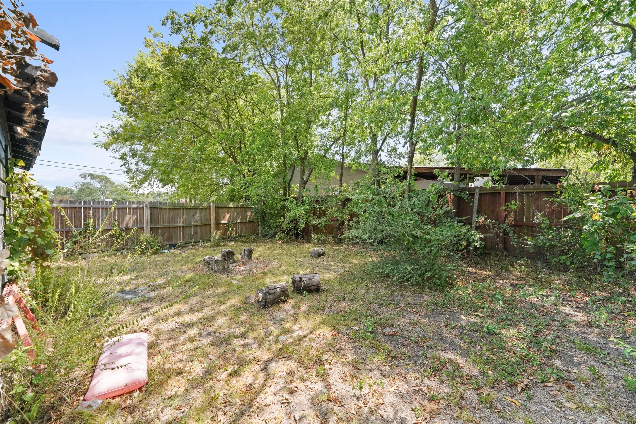 Fenced yard with established trees and natural landscaping