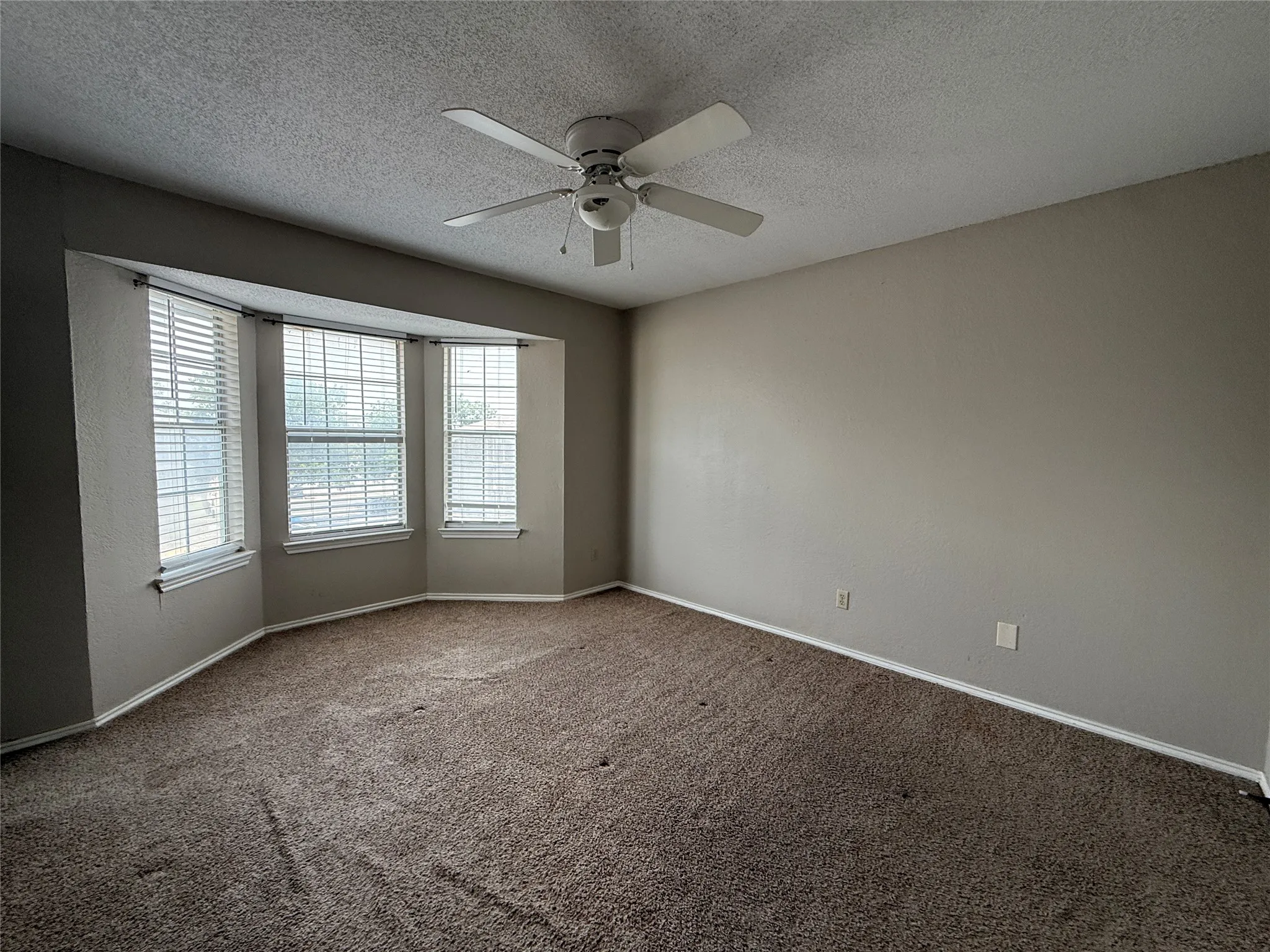 Empty room with a ceiling fan, healthy amount of natural light, carpet floors, and a textured ceiling