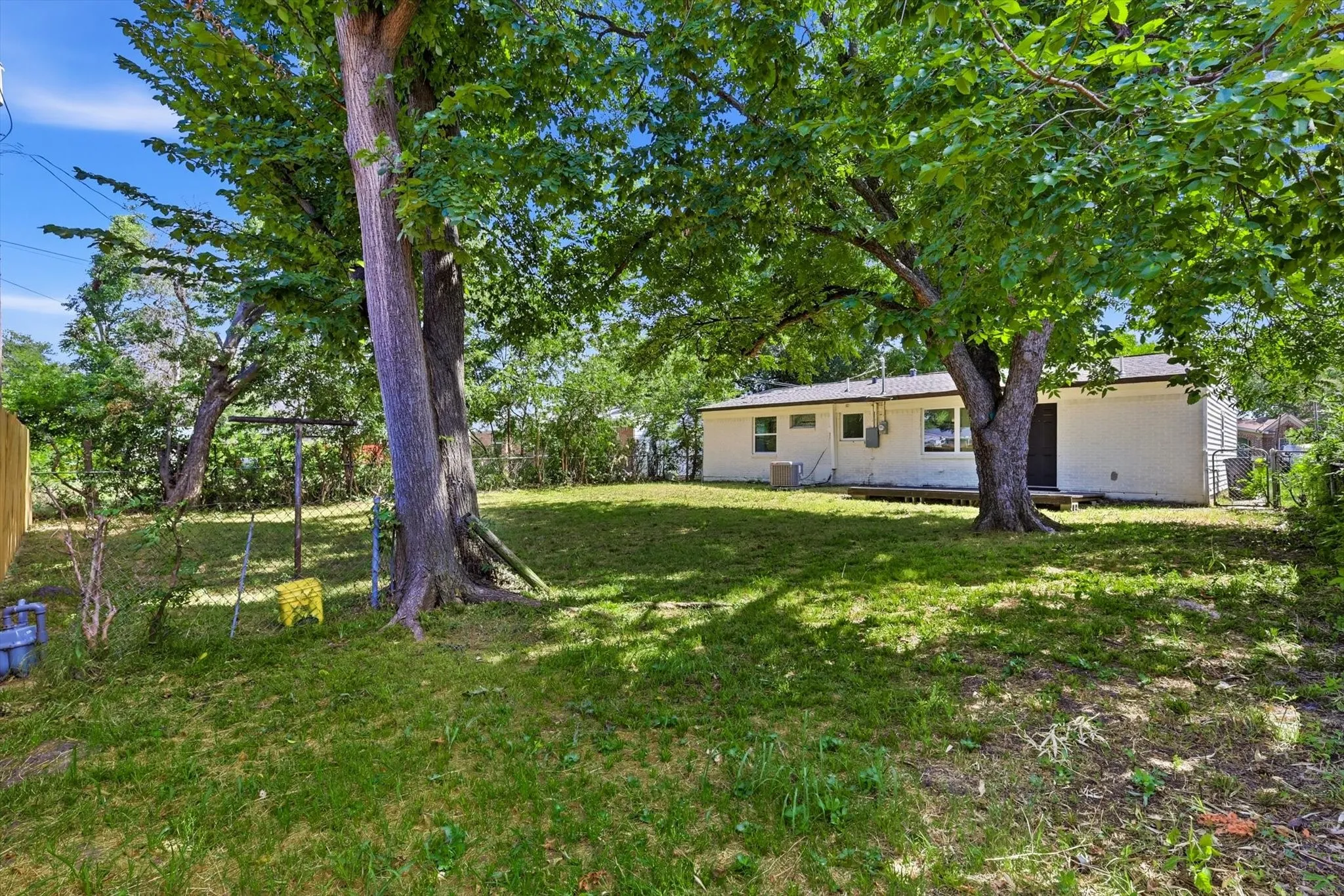Expansive green space featuring mature trees providing natural shade