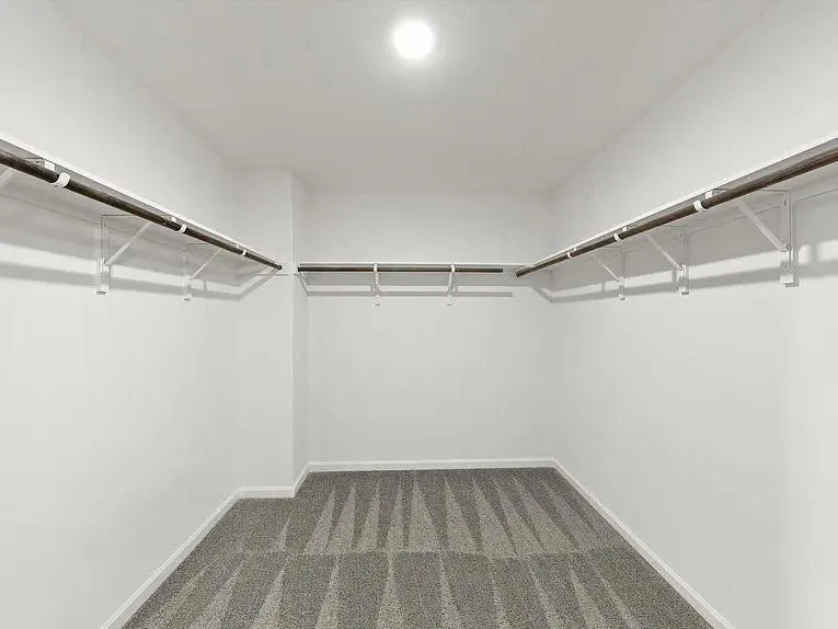 Spacious walk-in closet featuring white walls, patterned gray carpet flooring, and integrated shelving with hanging rods
