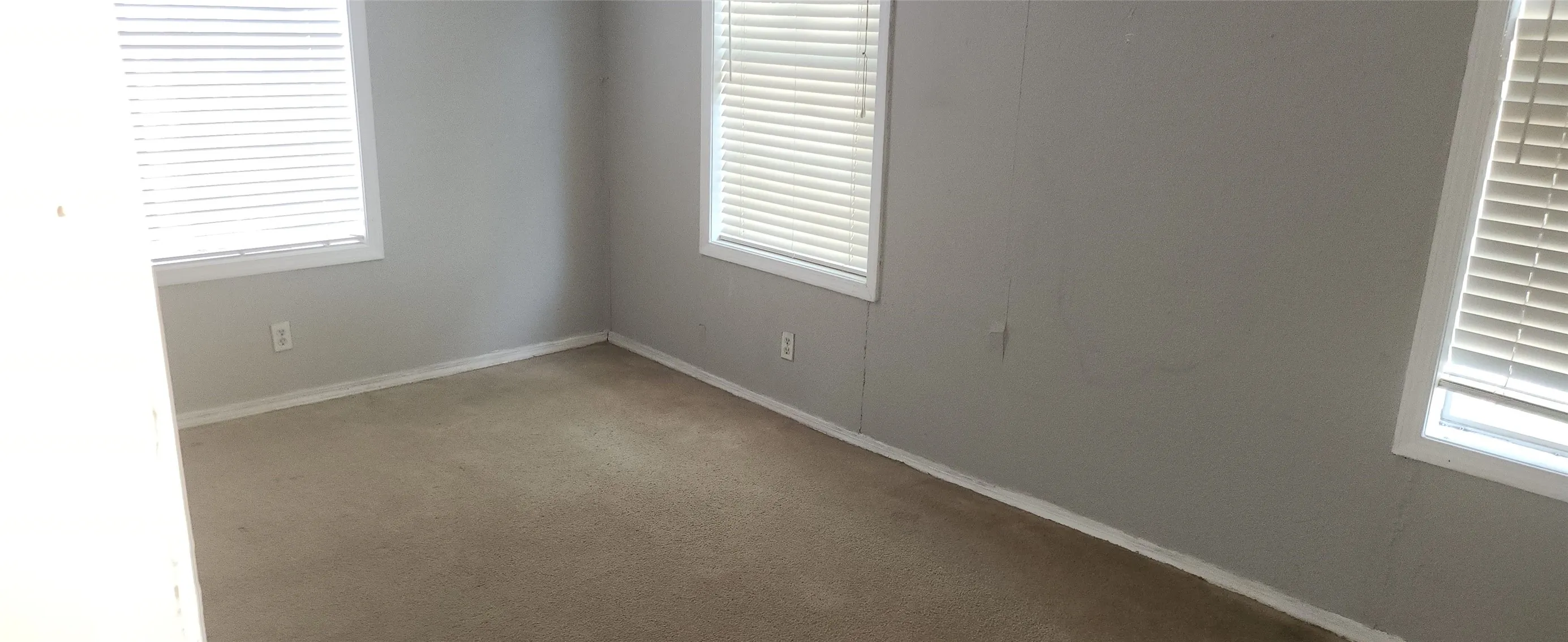 Carpeted interior space with two windows featuring horizontal blinds and white trim