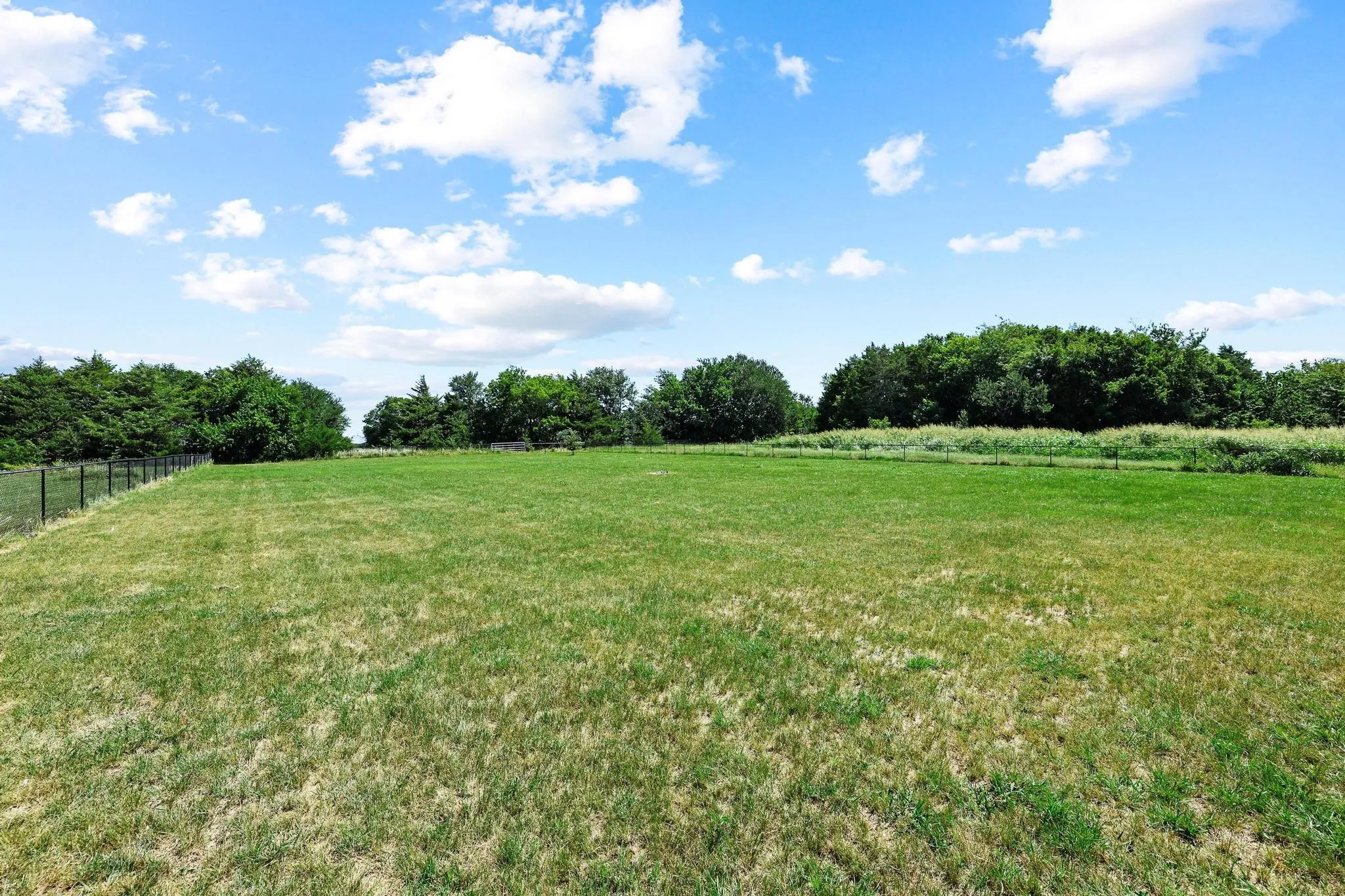 Expansive grassy field with a clear perimeter fence and mature trees bordering the property