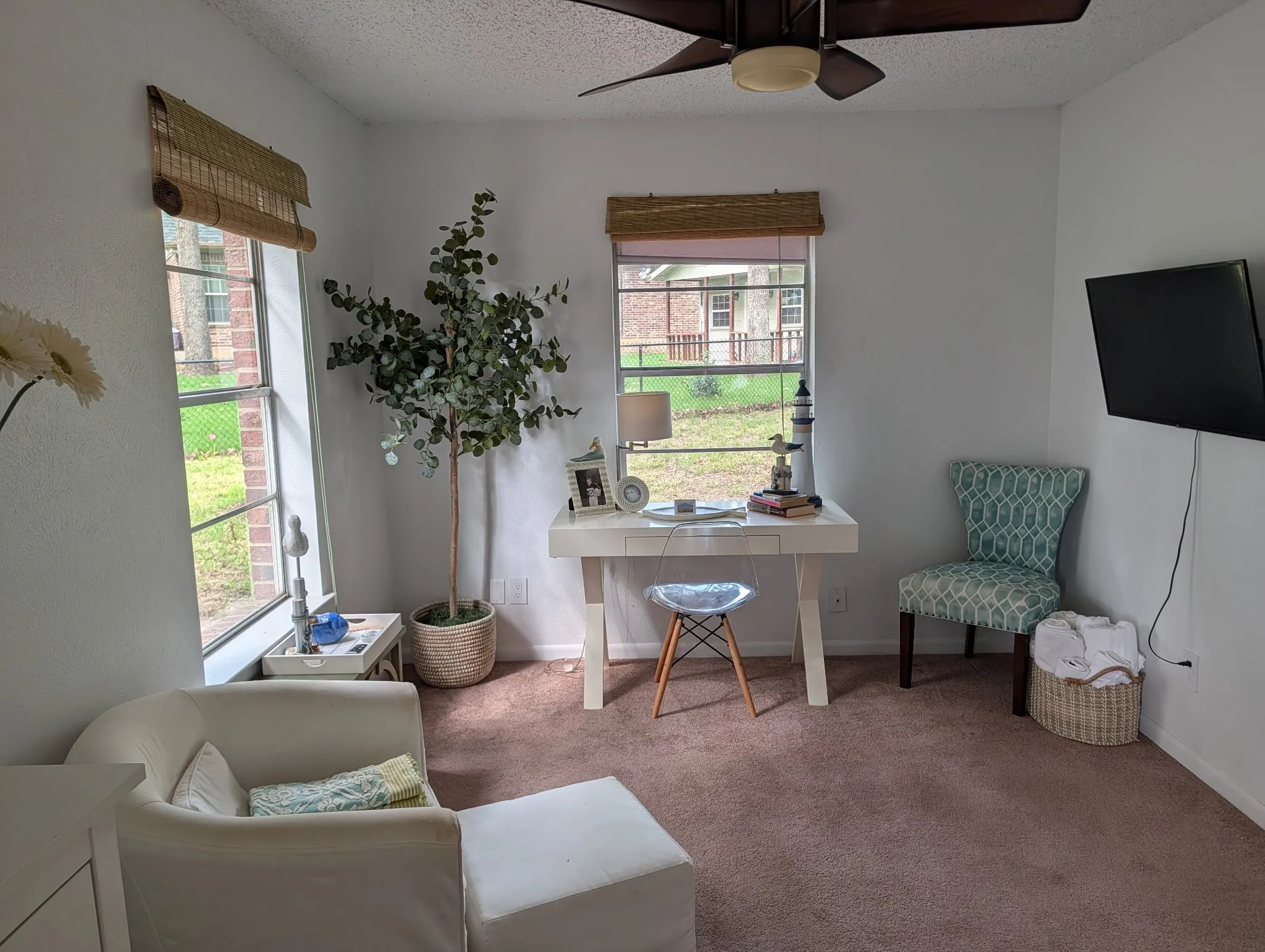 Primary downstairs bedroom -bBight interior space featuring two large windows with woven blinds, a ceiling fan, and carpeted flooring
