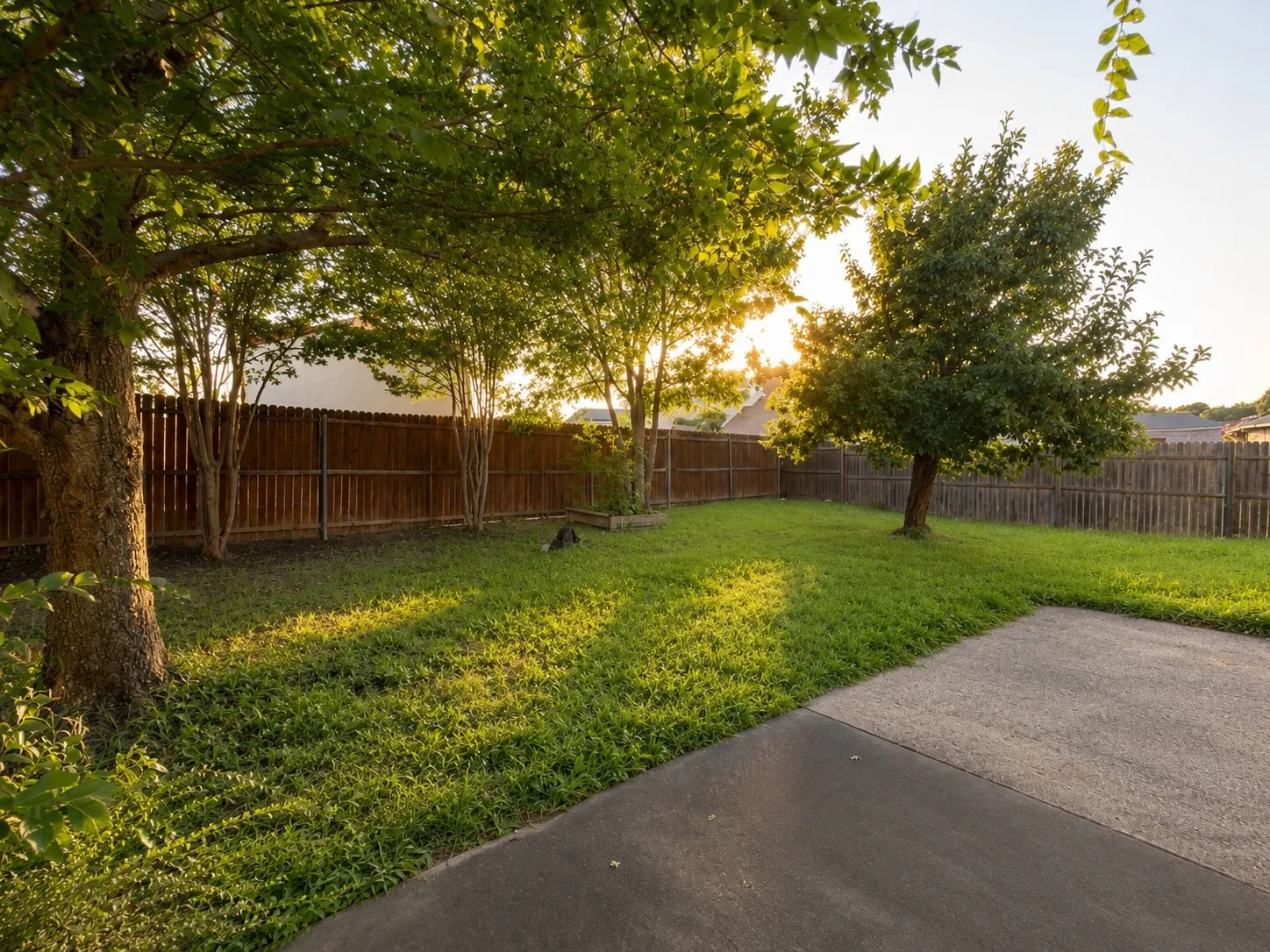 Spacious backyard featuring a wood privacy fence, mature trees, a manicured lawn, and a concrete patio area
