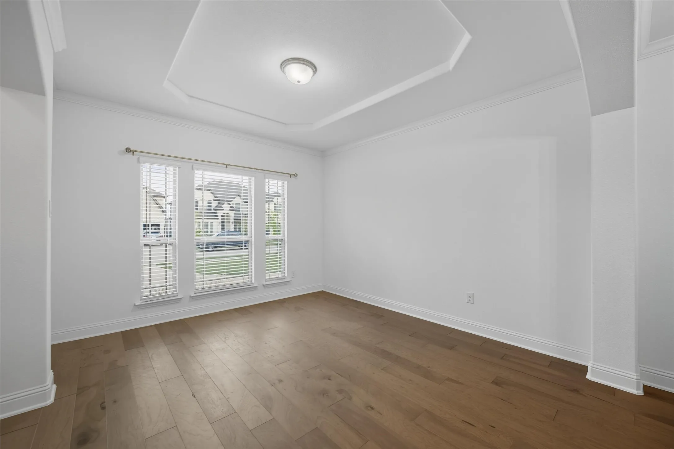 Room featuring wood-finish flooring, a tray ceiling with a flush-mount light fixture, and crown molding