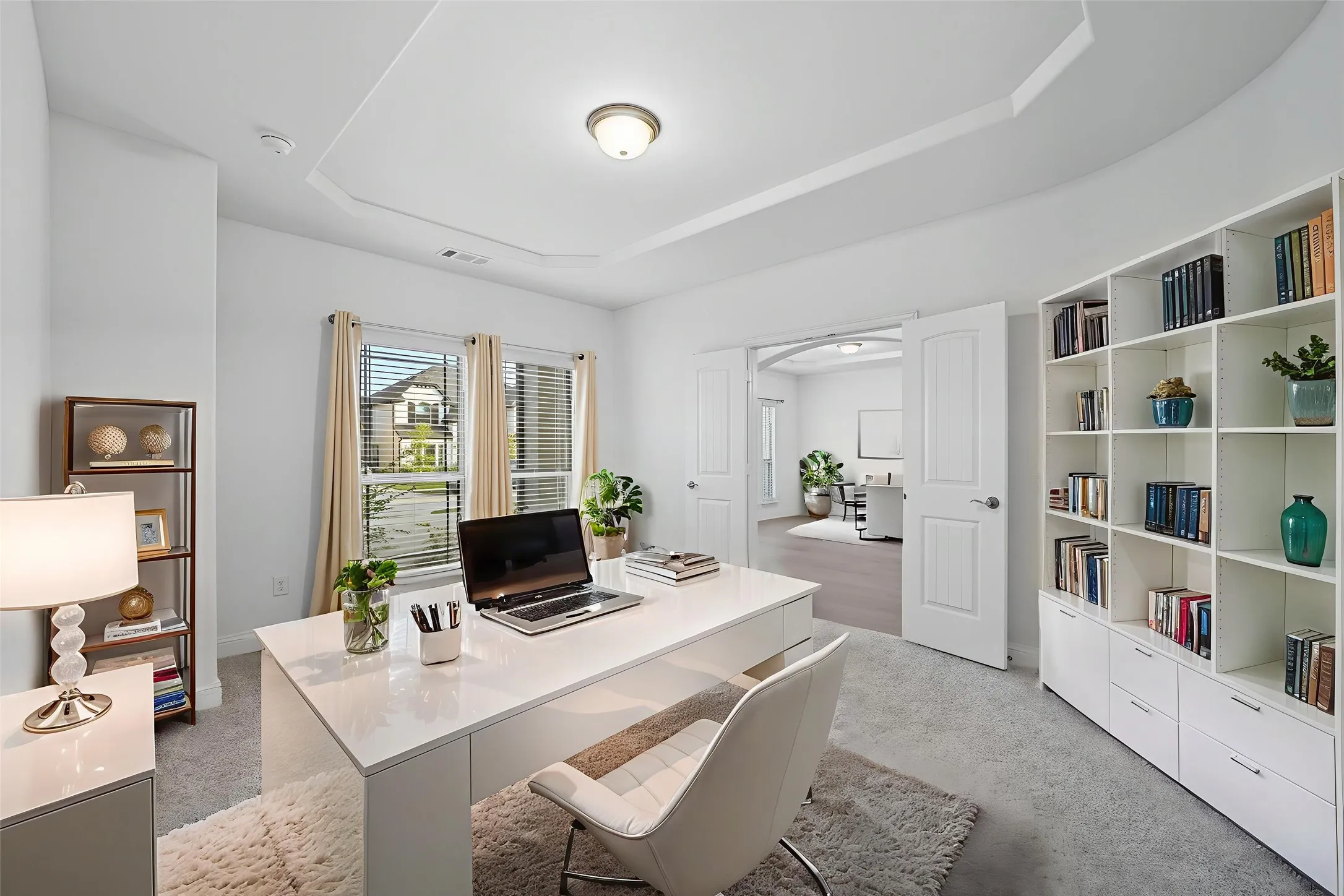 Recessed tray ceiling, neutral wall tones, and carpet flooring
