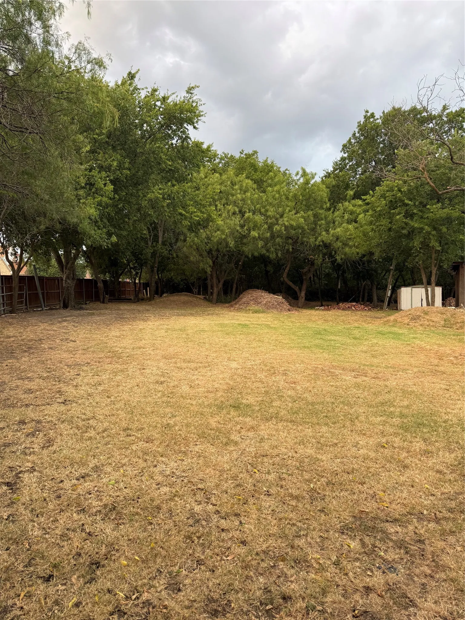Expansive outdoor area featuring a wide grass expanse, mature perimeter trees, and a privacy fence line