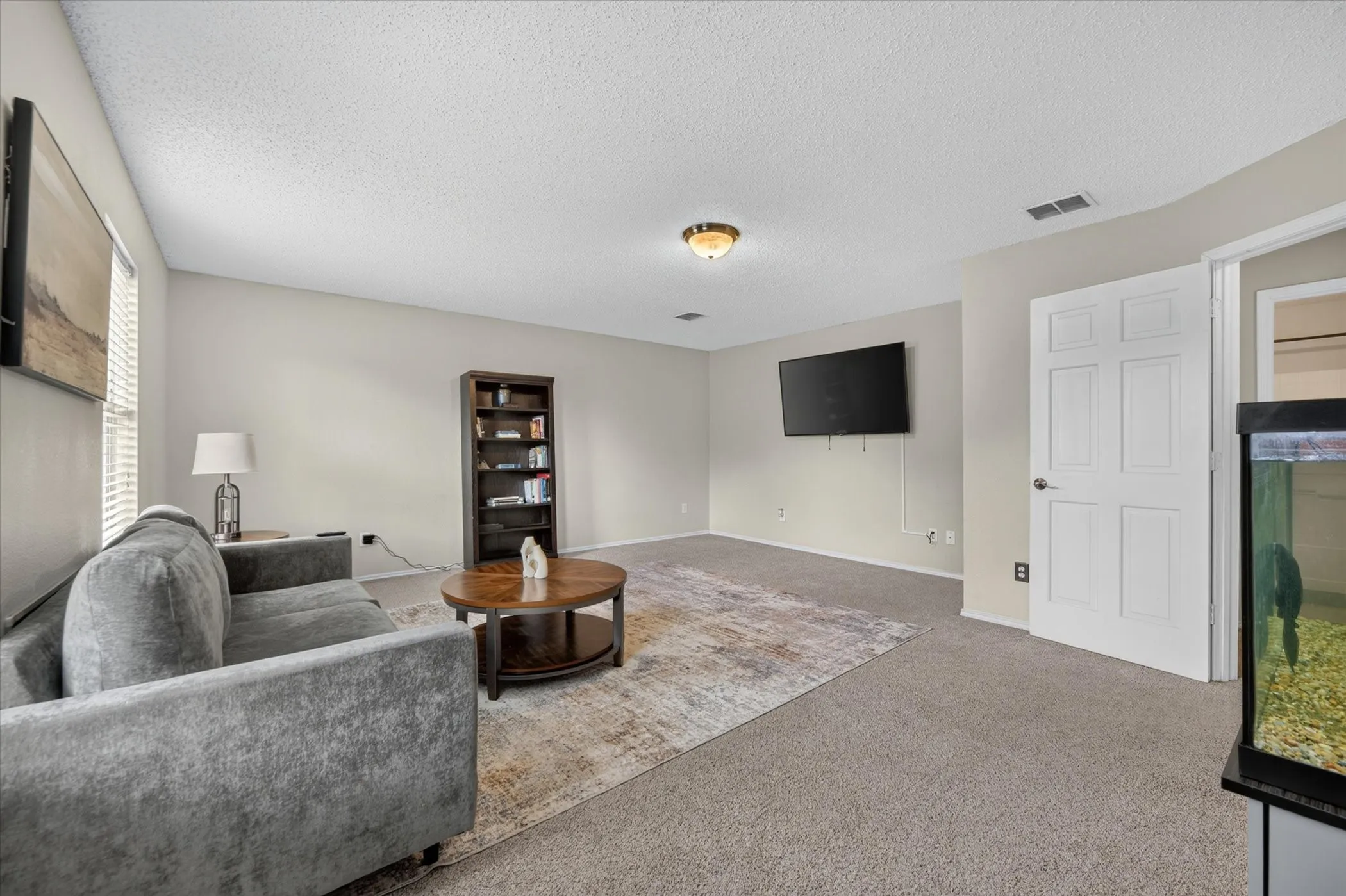 Carpeted interior space with neutral wall tones and a ceiling-mounted light fixture