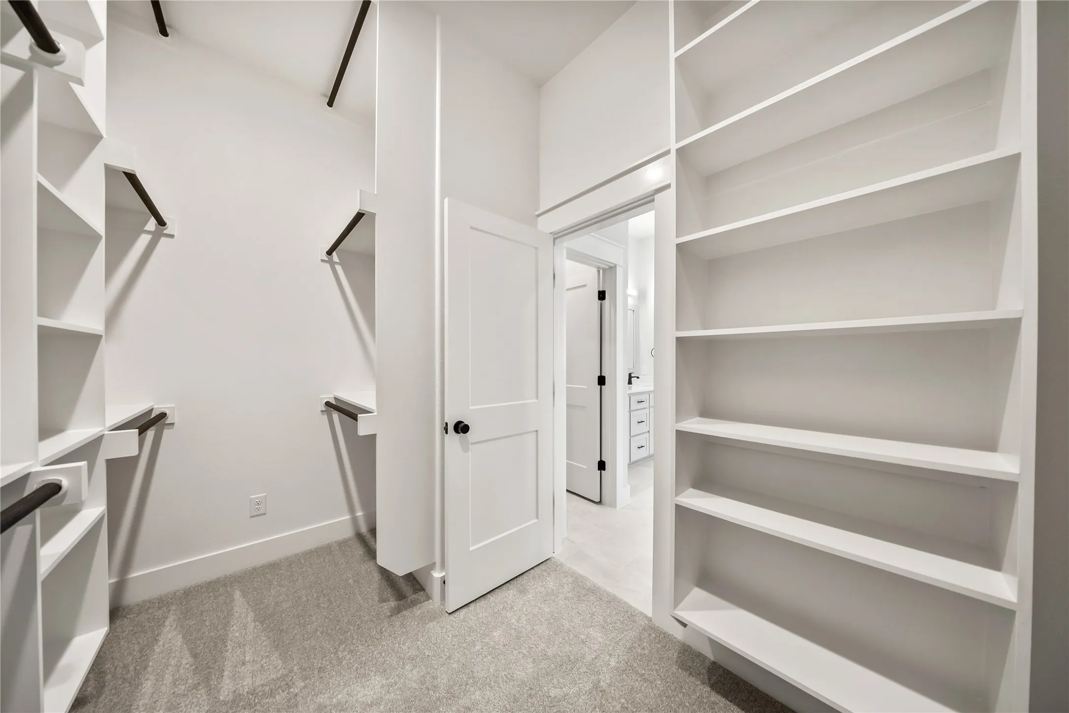 Spacious walk-in closet featuring built-in shelving, hanging rods, and light gray carpet flooring