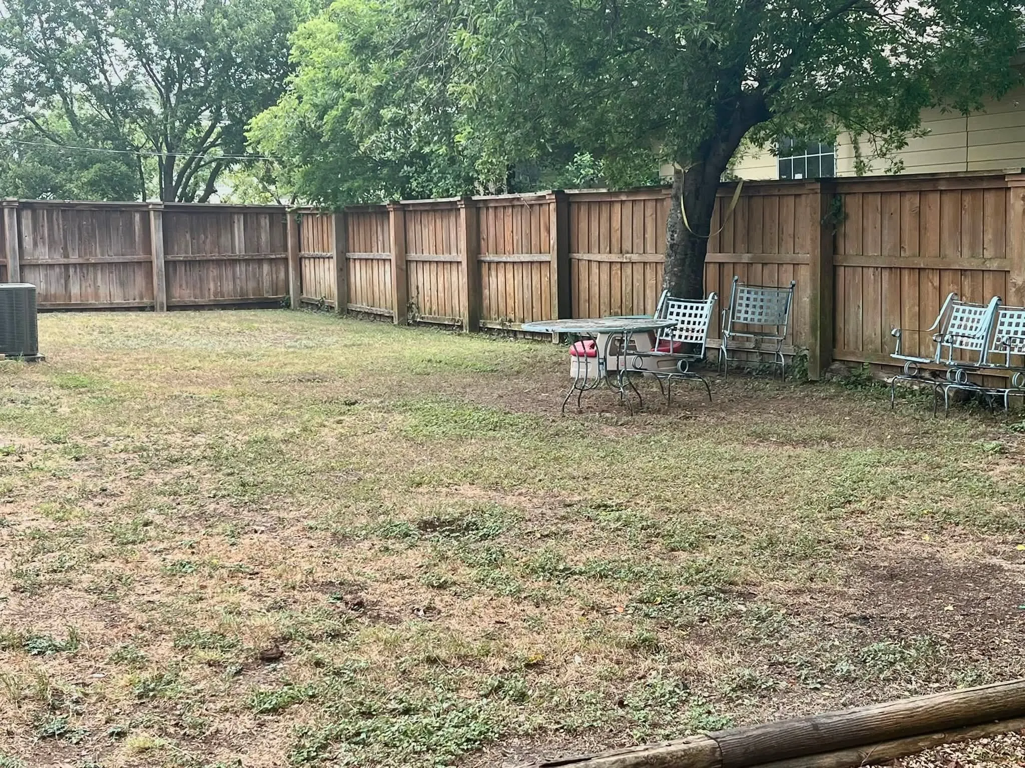 Expansive backyard featuring a full perimeter wood privacy fence, mature tree, and partial grass coverage