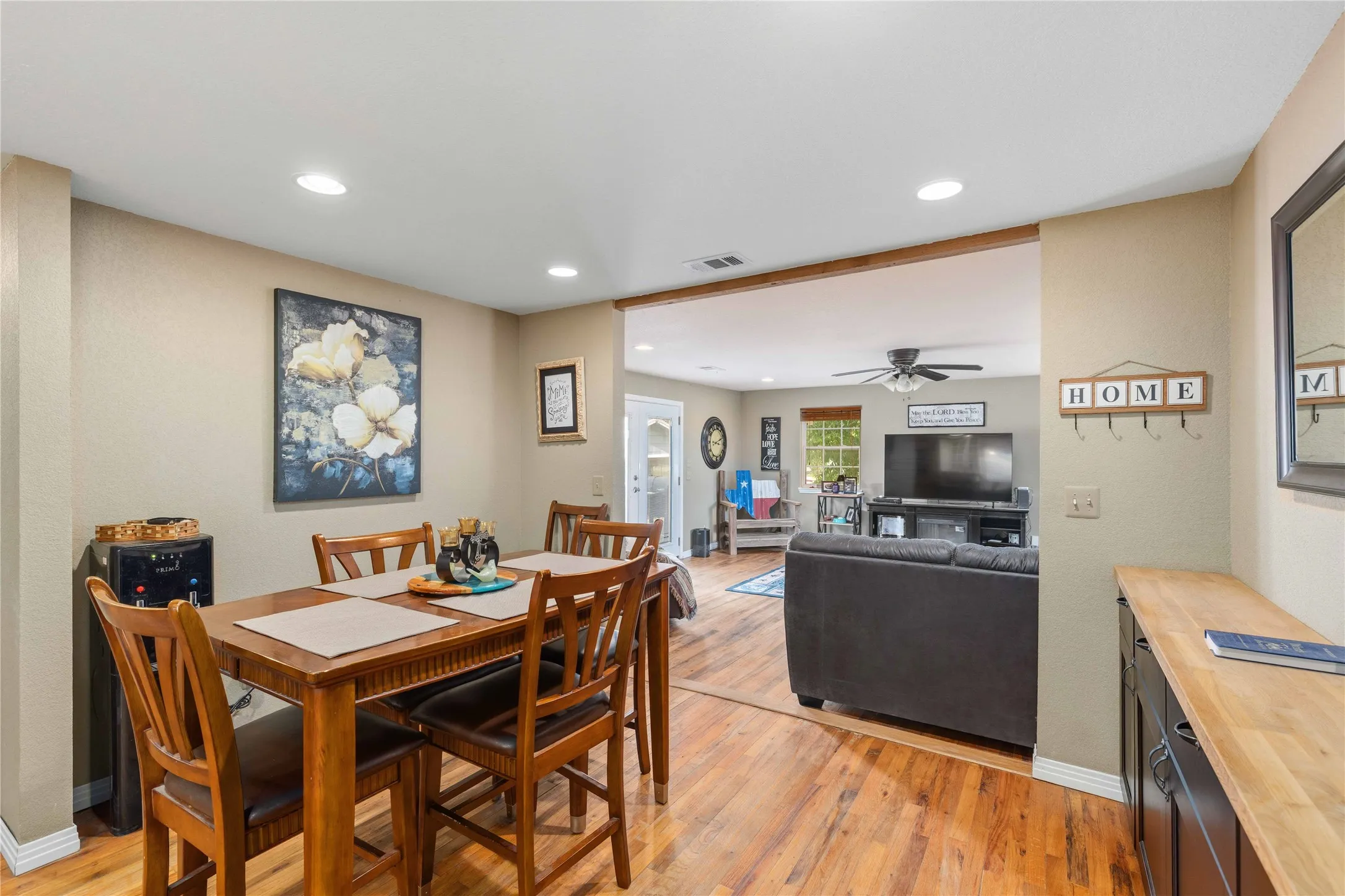 Open concept dining room with built in side board