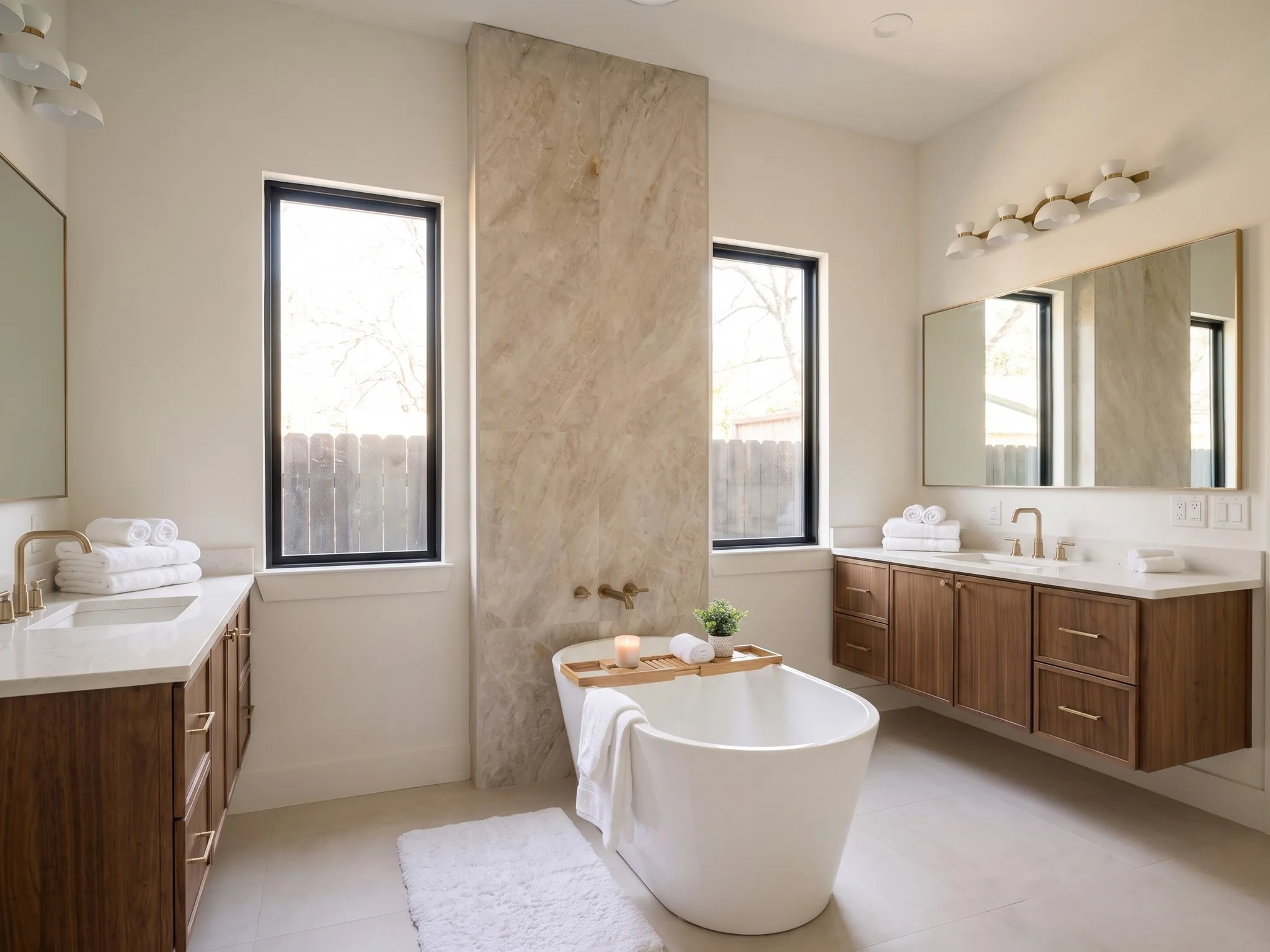 Dual floating wood-finish vanities with undermount sinks, a freestanding soaking tub, and a floor-to-ceiling tile accent wall