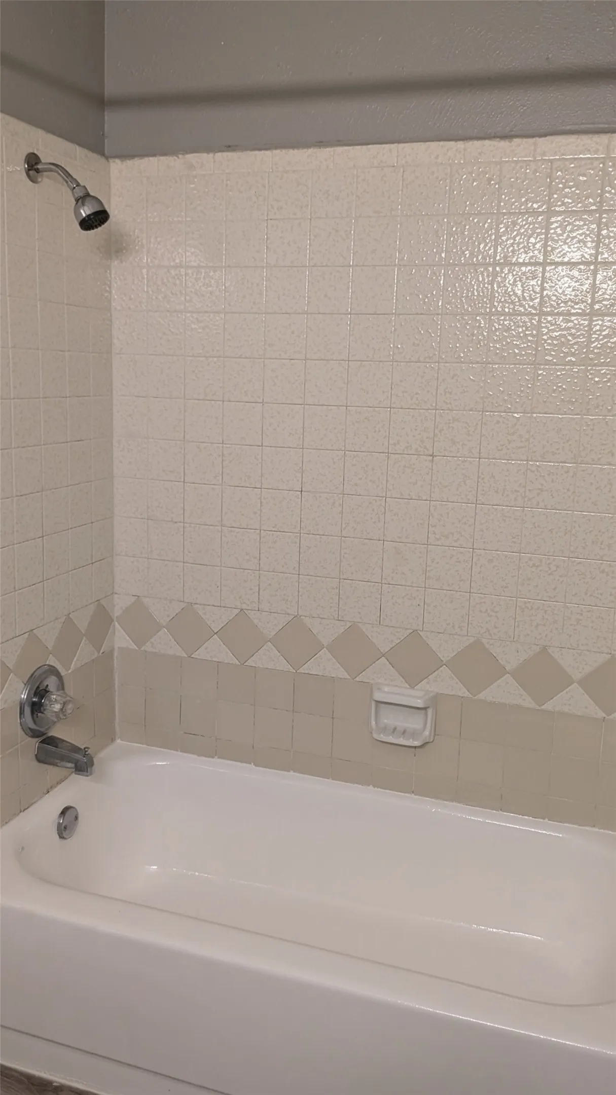 White tiled shower surround with accent band, featuring a showerhead and bathtub