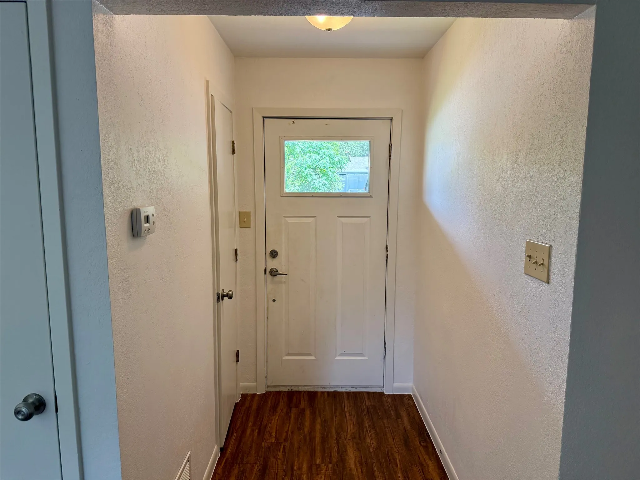 Entryway featuring a white paneled door with a single light pane, wood-finish flooring, and light-toned walls