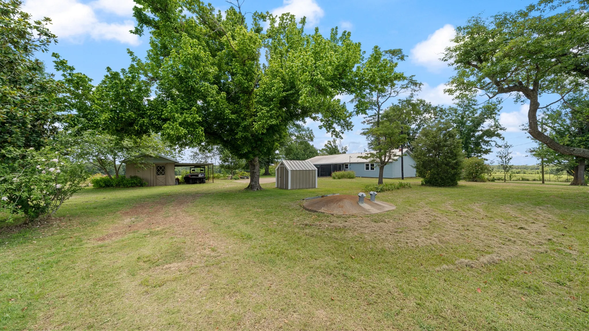 Expansive grassy yard area featuring mature trees, a wooden shed with an attached covered structure, a metal utility shed, and a light-colored property in the background