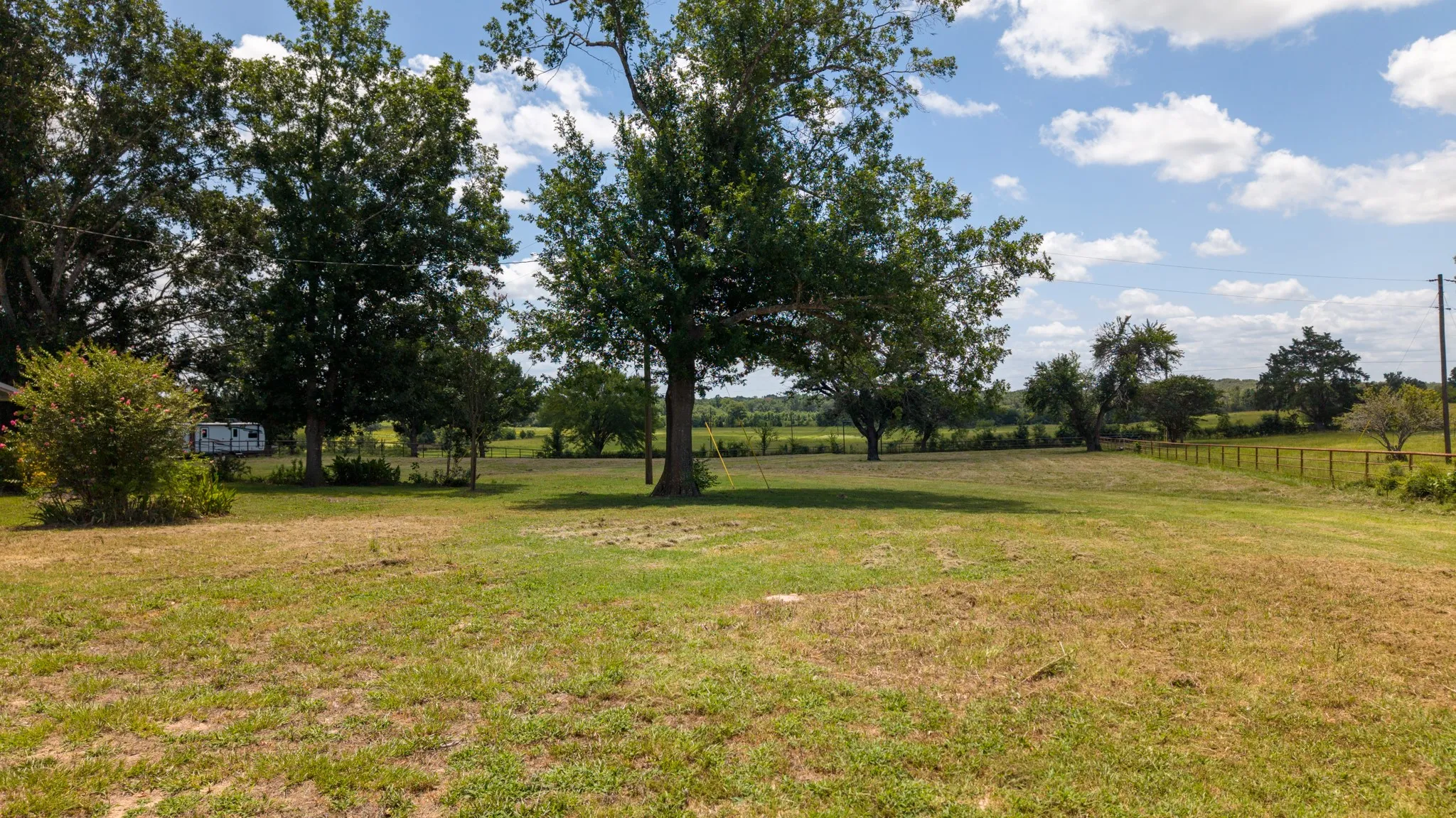 Expansive open field with scattered mature trees and partial perimeter fencing