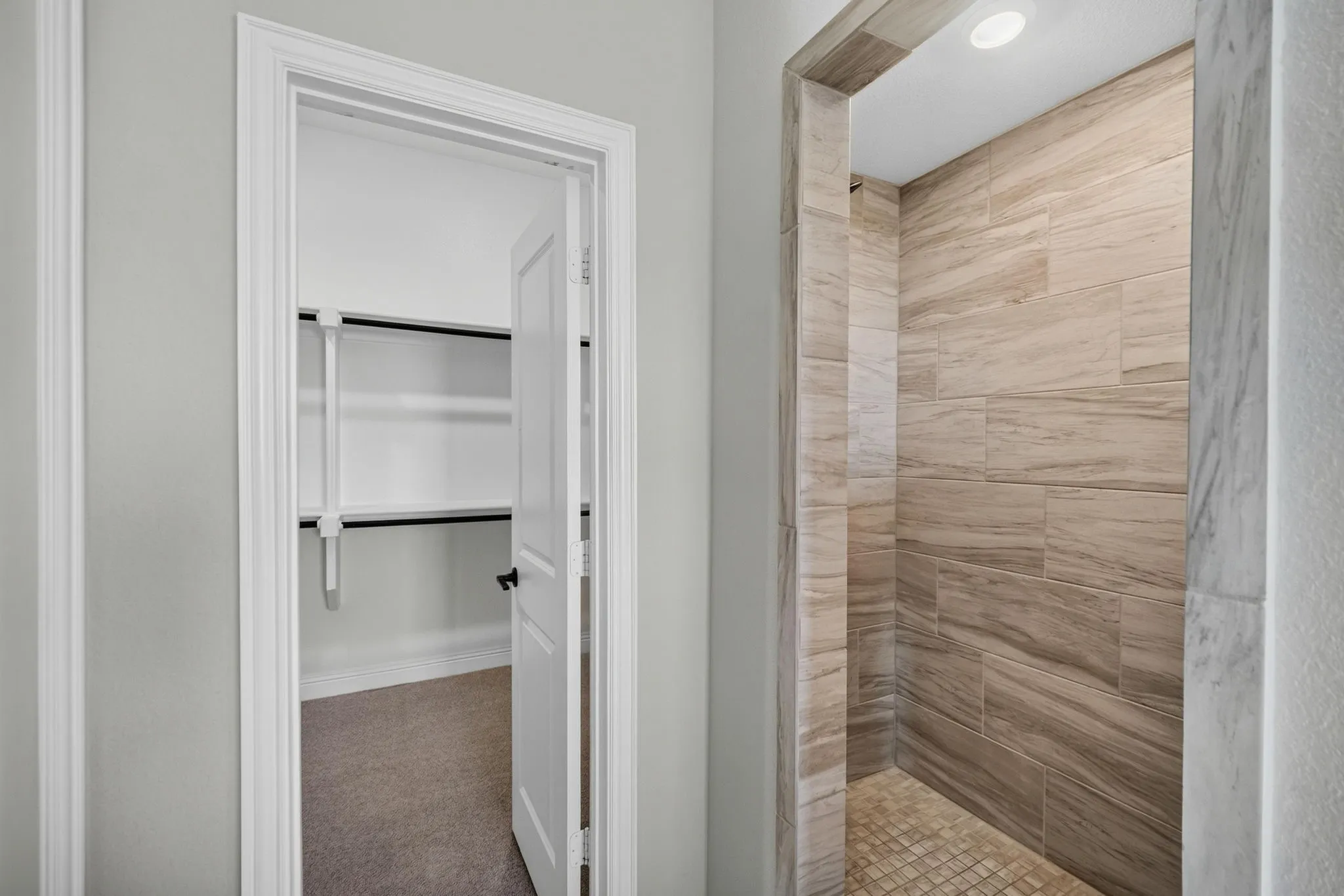 Walk-in shower with large format tile walls and a mosaic tile floor