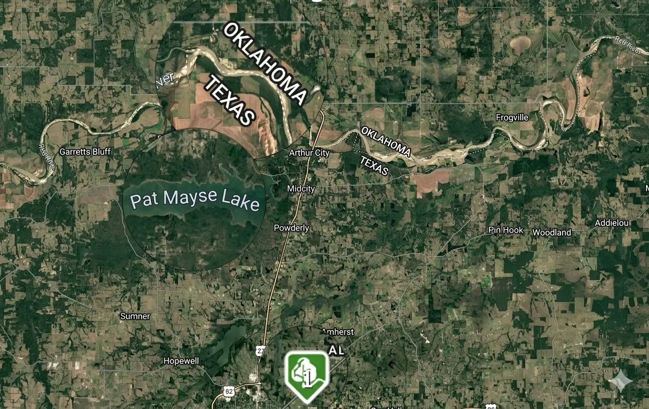 Geographic Map. Displaying the Pat Mayse Lake region and surrounding state boundaries
