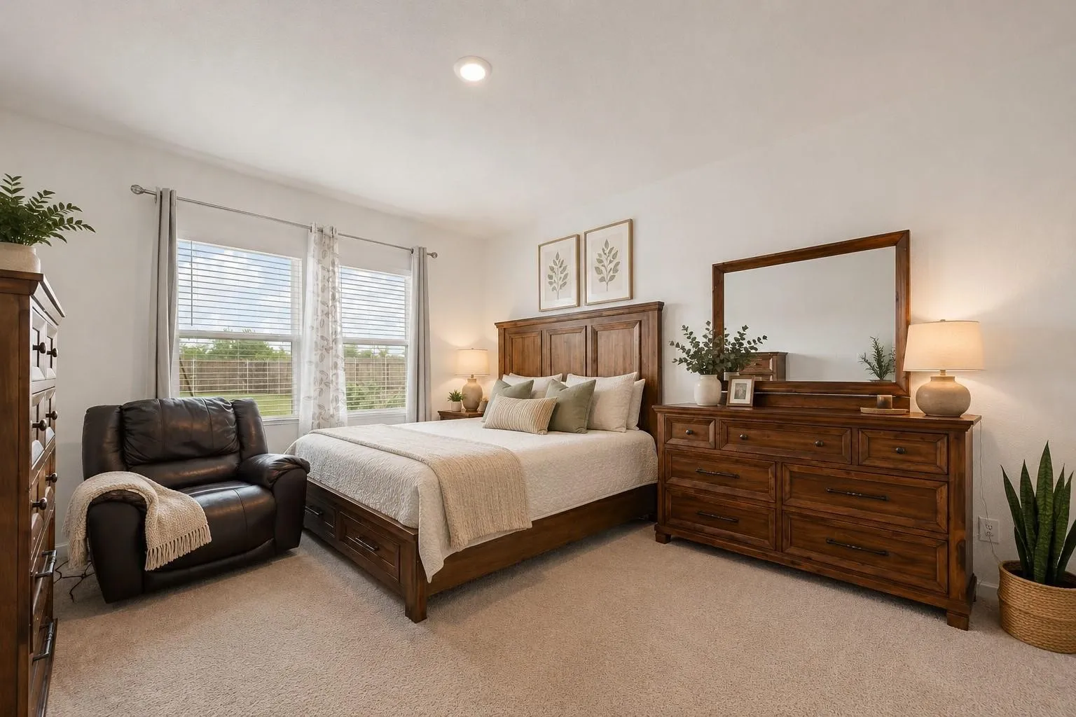 Virtually Staged — Well-sized primary bedroom featuring neutral carpet, a large dresser, and abundant natural light from oversized windows.
