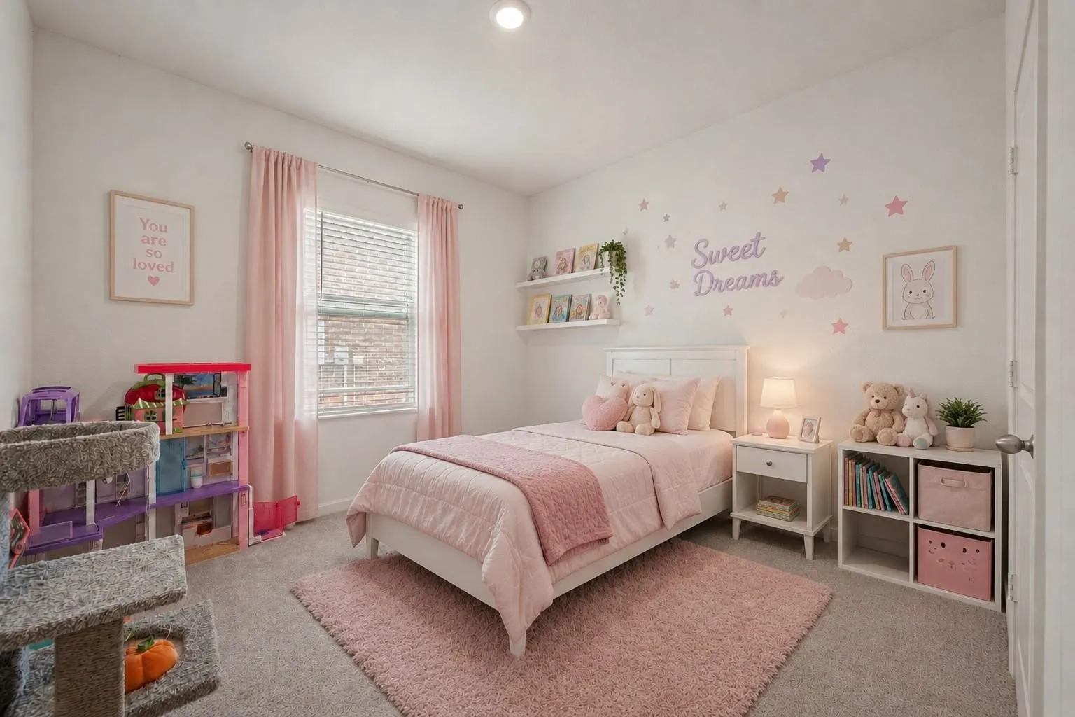 Virtually Staged — Secondary bedroom with single window, recessed lighting, and white baseboards. Neutral walls and open floor plan offer flexible use as bedroom or flex space.