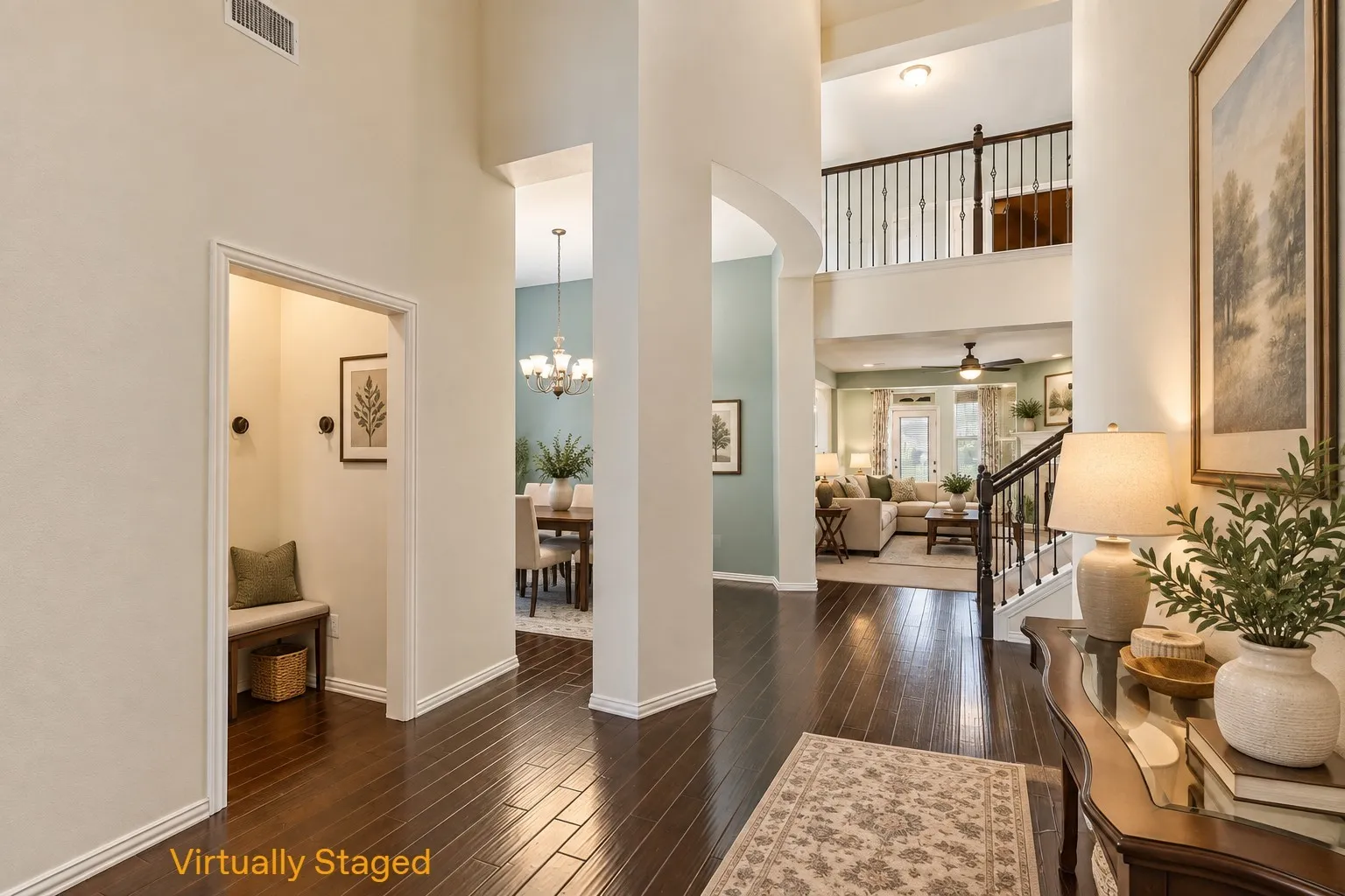 Rich wood-finish flooring throughout the main level