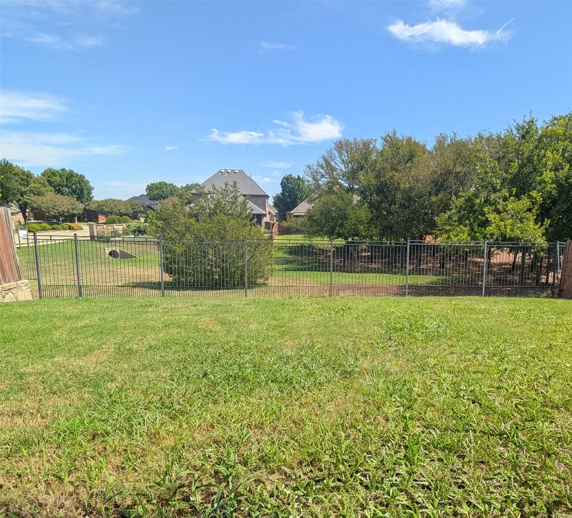 Greenbelt view with a black wrought iron fence and mature trees