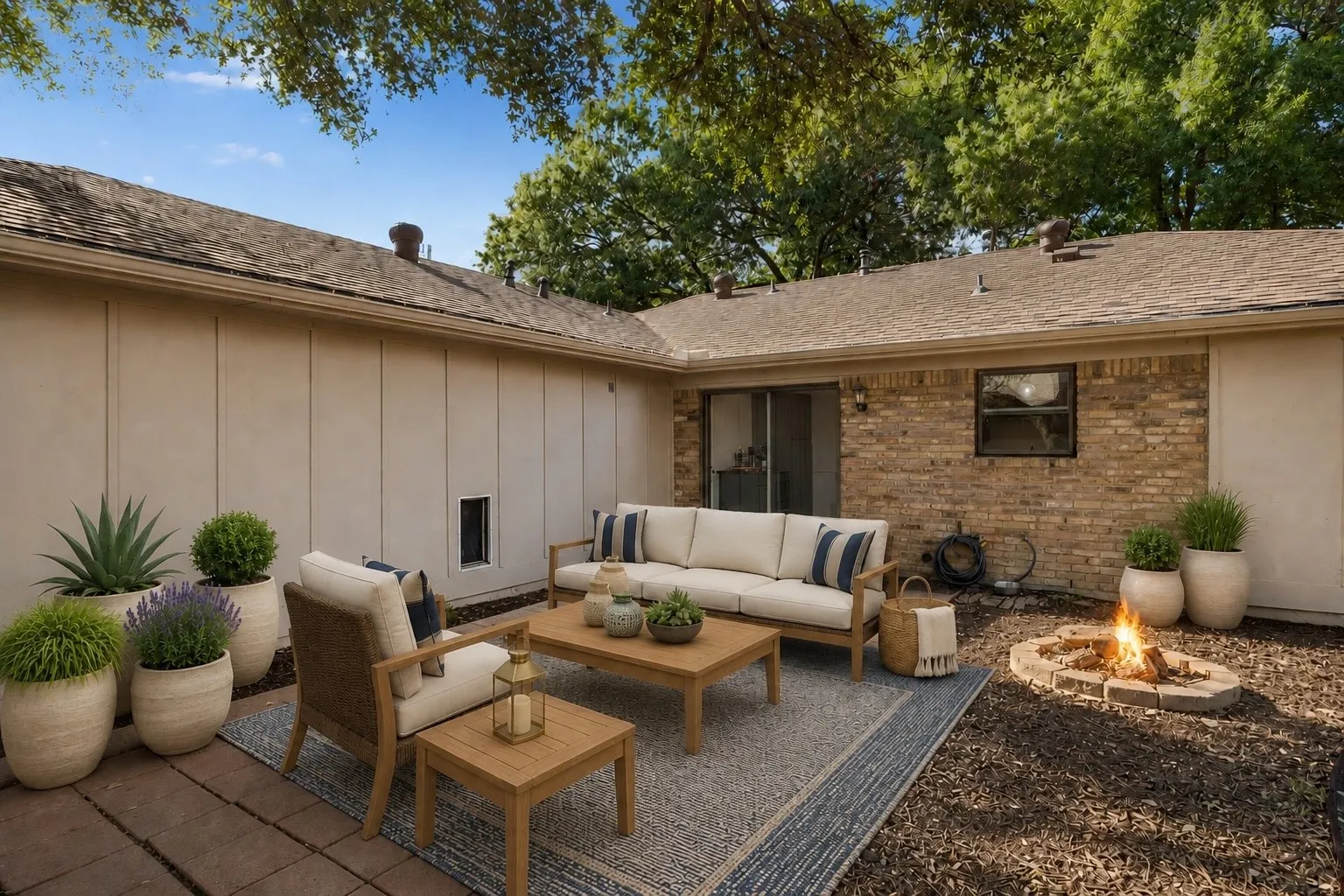 Envision relaxed mornings and evening gatherings in this private backyard retreat with multiple areas for seating and entertaining.
Virtually Staged -- original image may have been altered by AI.