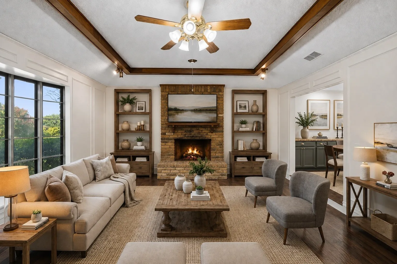 A floor-to-ceiling brick fireplace anchors the family room, complemented by exposed wood beams, paneled walls and rich hardwood flooring.
Virtually Staged -- original image may have been altered by AI.