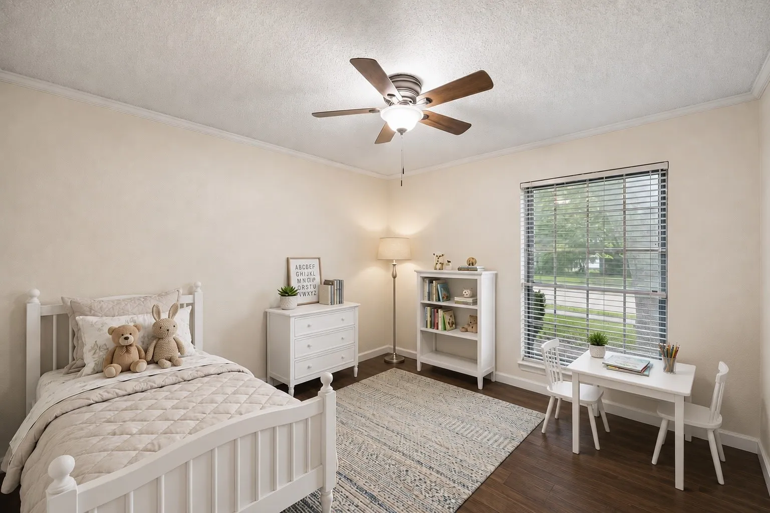 A comfortable secondary bedroom provides adaptable space for sleeping, studying, working from home or pursuing hobbies.
Virtually Staged -- original image may have been altered by AI.