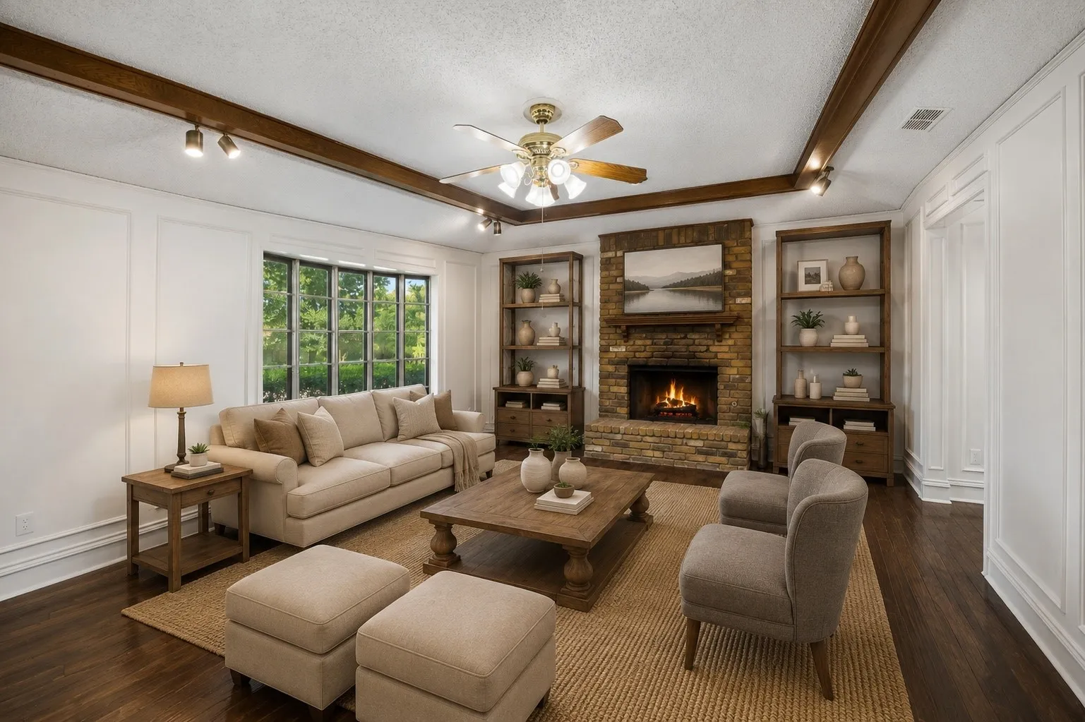 Imagine cozy evenings gathered around the fireplace in this warm, character-filled living space.
Virtually Staged -- original image may have been altered by AI.
