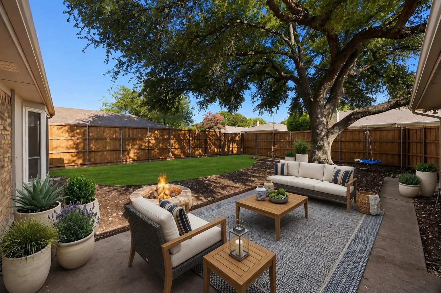 The extended patio creates an inviting outdoor living area beneath the canopy of a beautiful mature shade tree.
Virtually Staged -- original image may have been altered by AI.