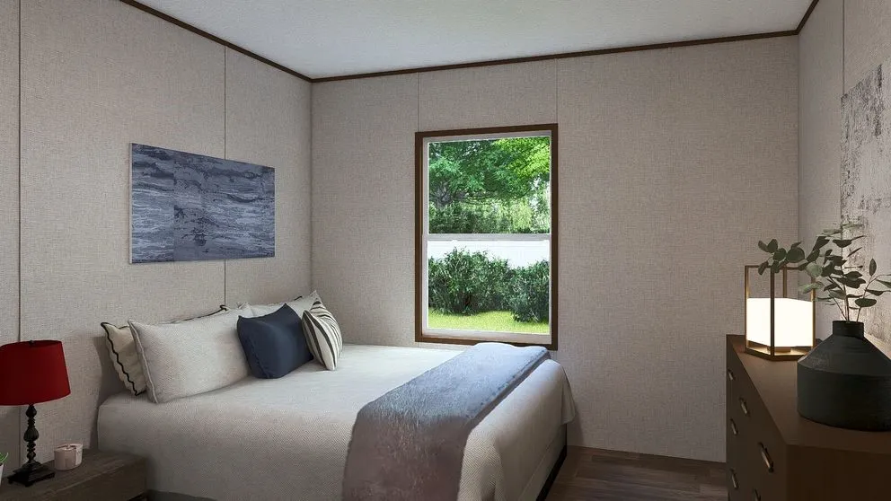 Room featuring wood-finish flooring, a double-hung window with dark trim, light-colored wall panels, and dark crown molding