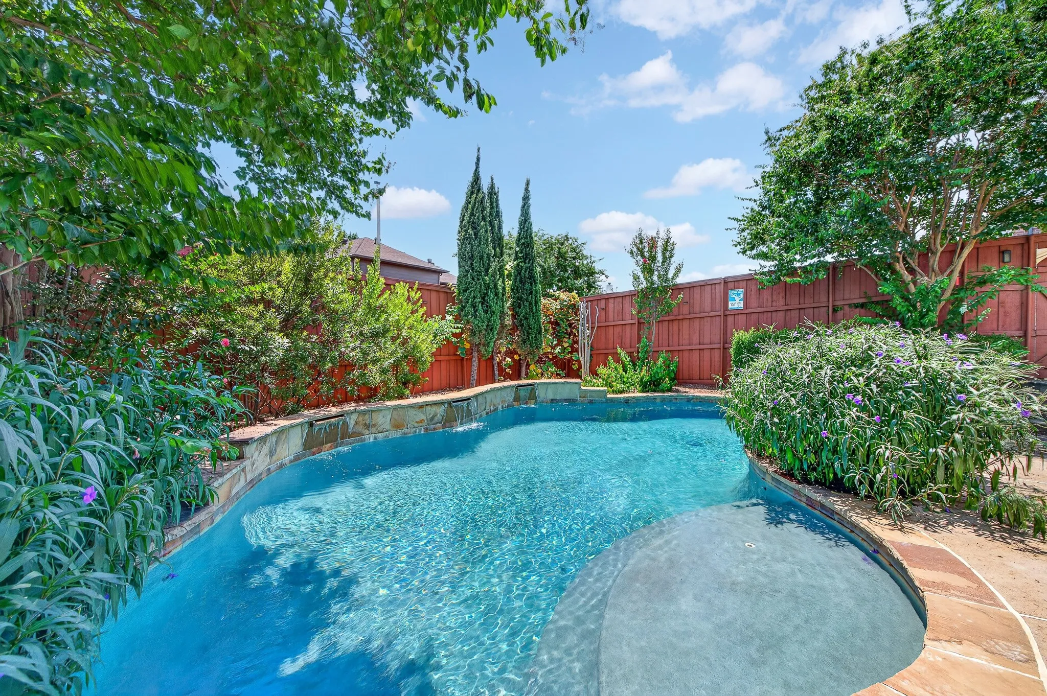 Curved swimming pool featuring a stone surround, integrated water features, and an expansive baja shelf