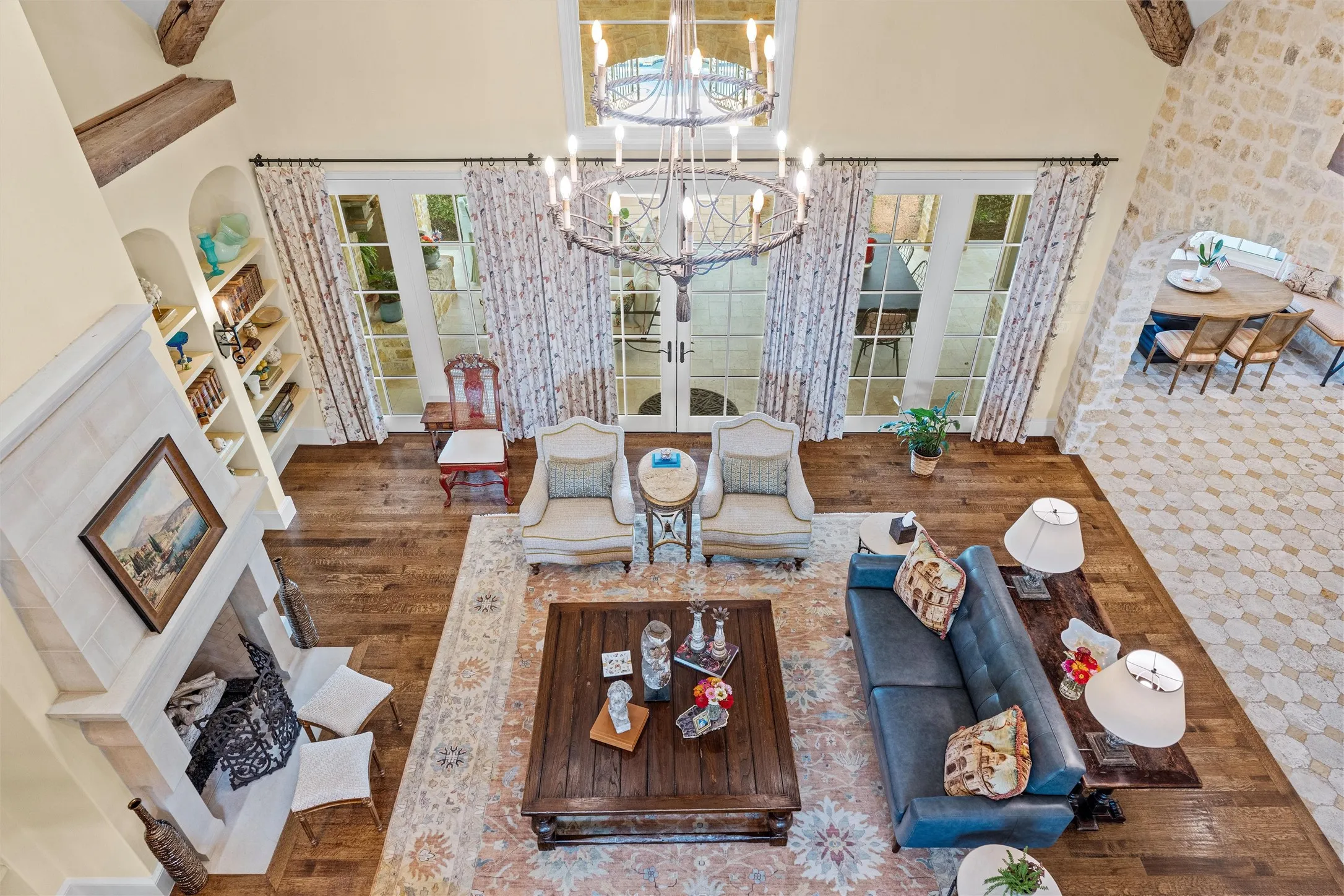 The second floor gallery view of the great room reveals the grandeur of the large, open space.