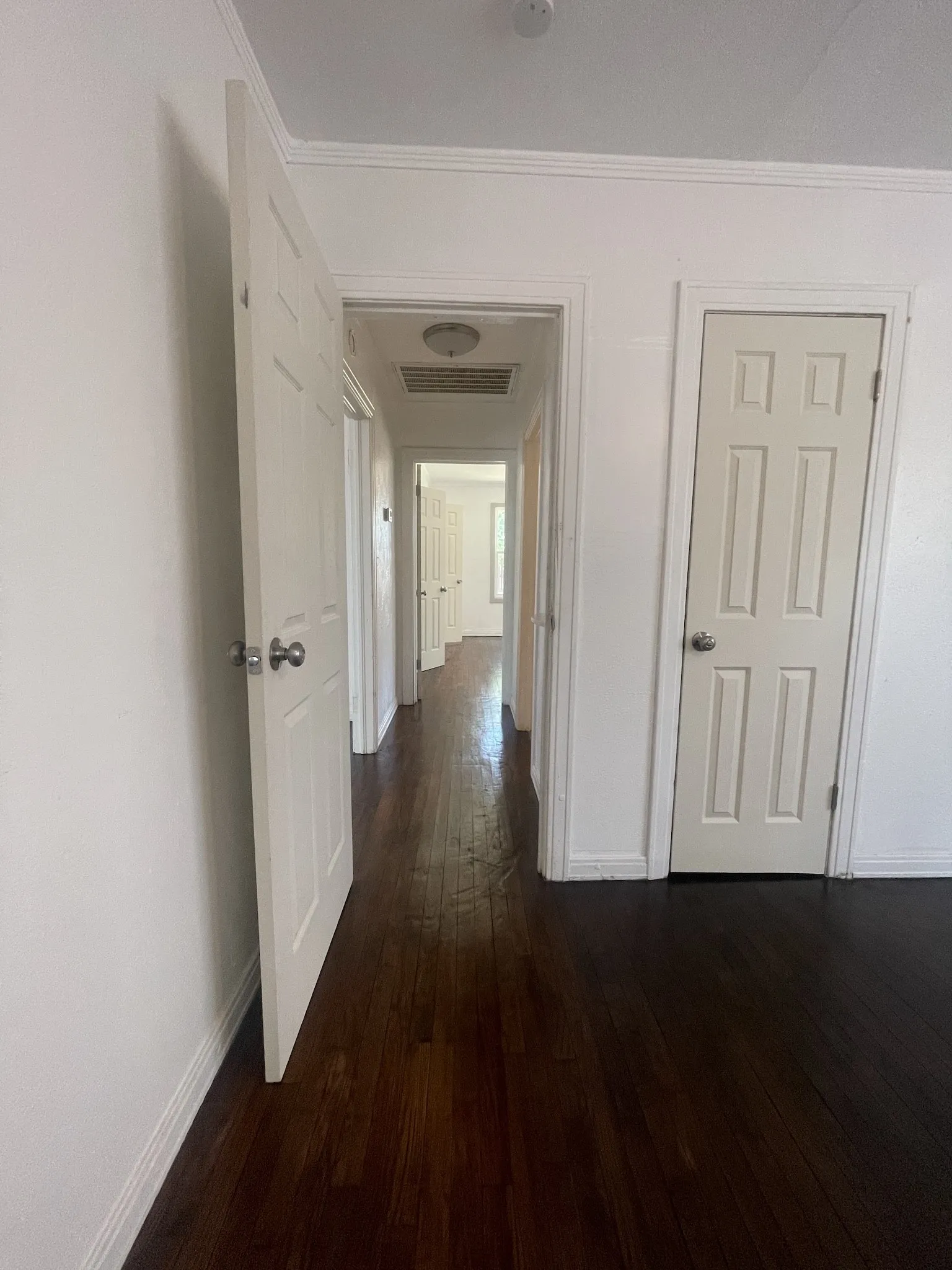 Dark wood-finish flooring, white paneled doors, and ceiling-mounted lighting