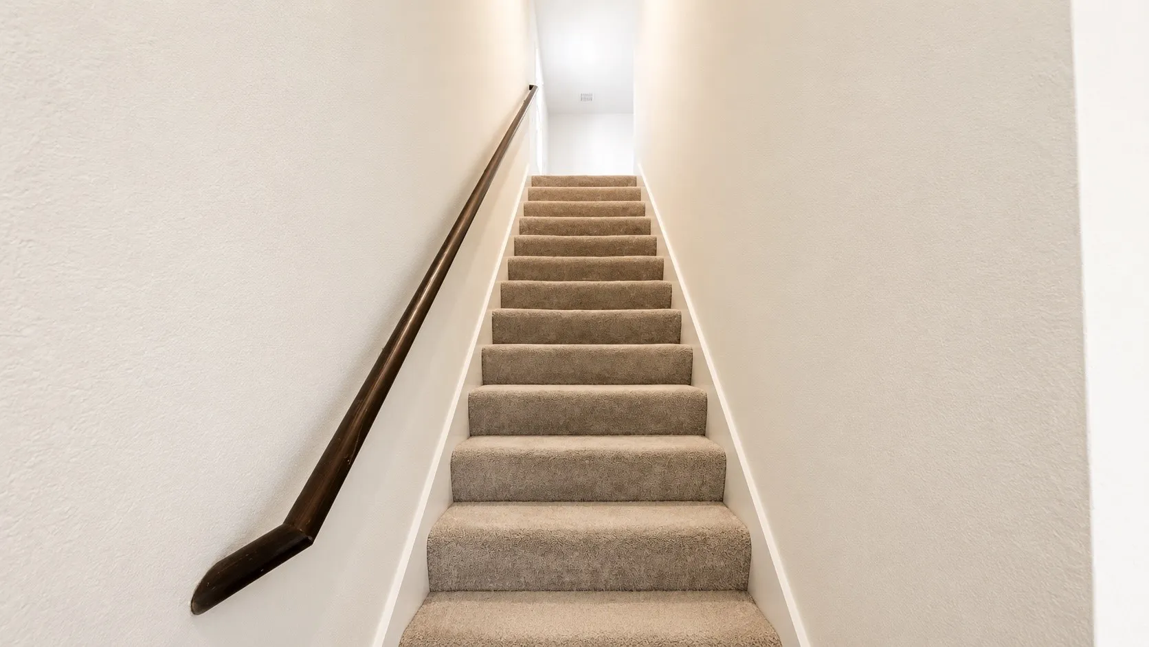 Carpeted stairway featuring a dark wood-finish handrail and light-toned walls
