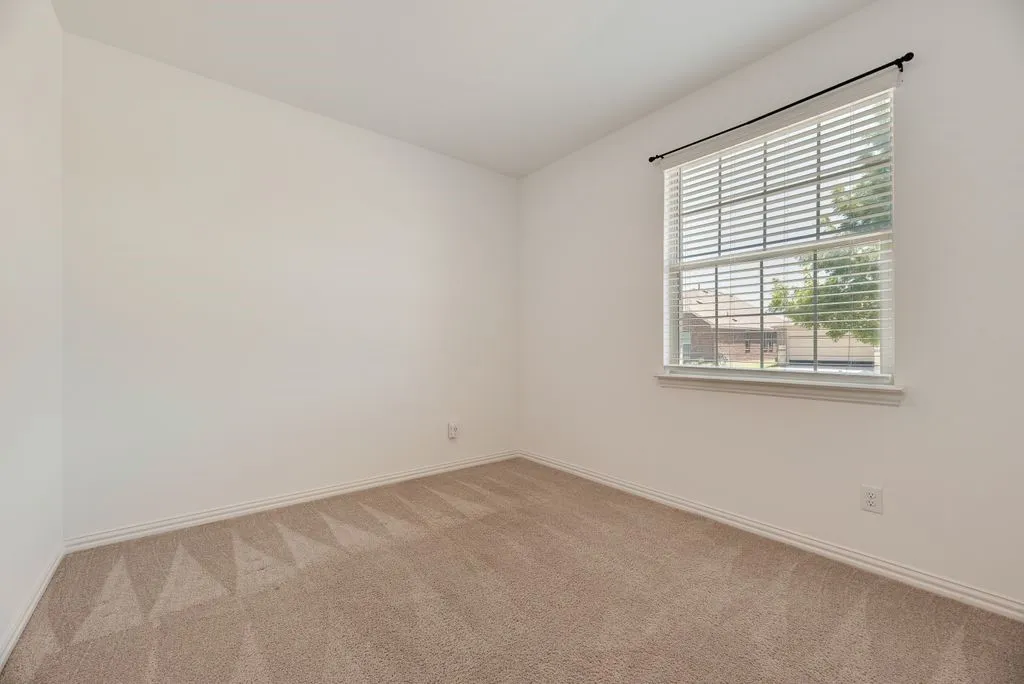 Carpeted room featuring a single window with blinds and a dark-finish curtain rod