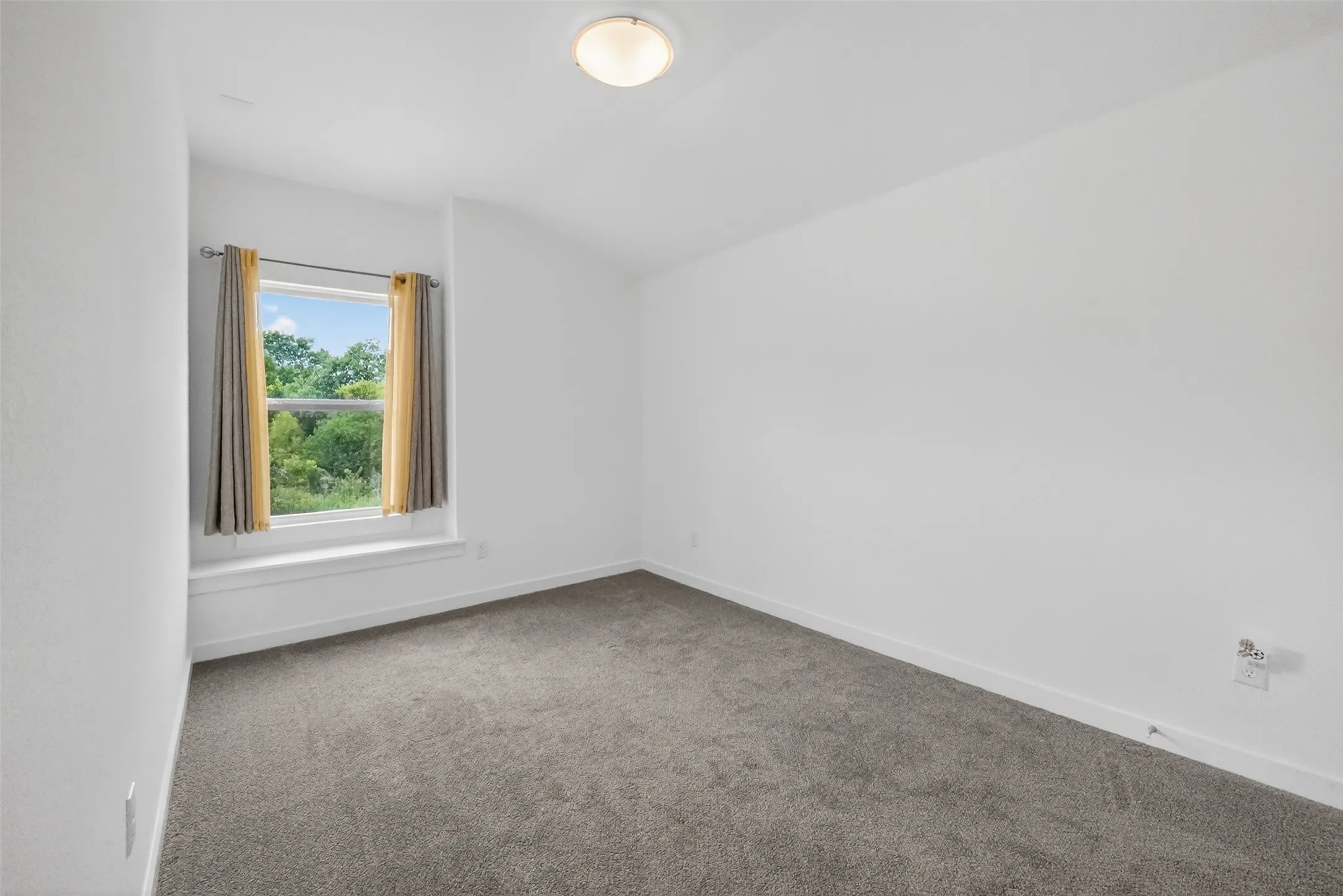 Room featuring a single window, white walls, and gray carpeting