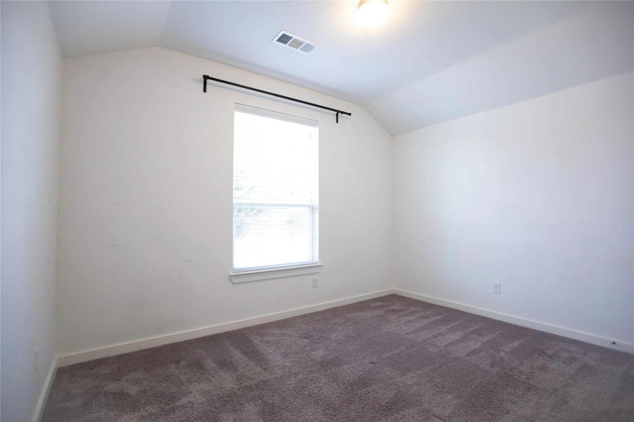 Vaulted ceiling, neutral wall tones, window with horizontal blinds, overhead light fixture, and plush carpeting
