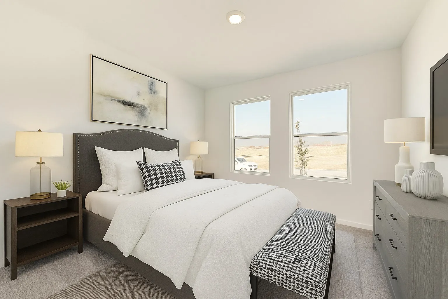 Bedroom featuring recessed lighting and light colored carpet