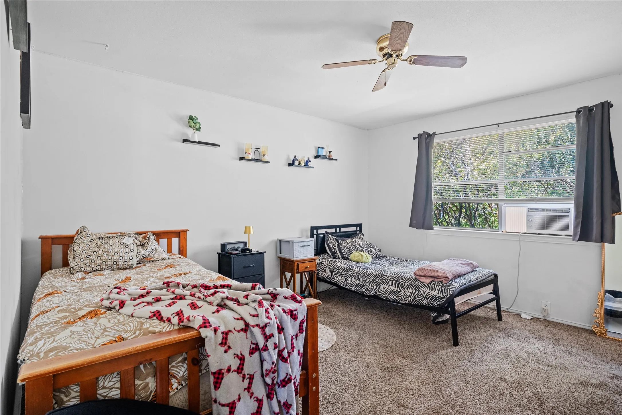 Carpeted room featuring a ceiling fan, a window with exterior views, and wall-mounted shelving