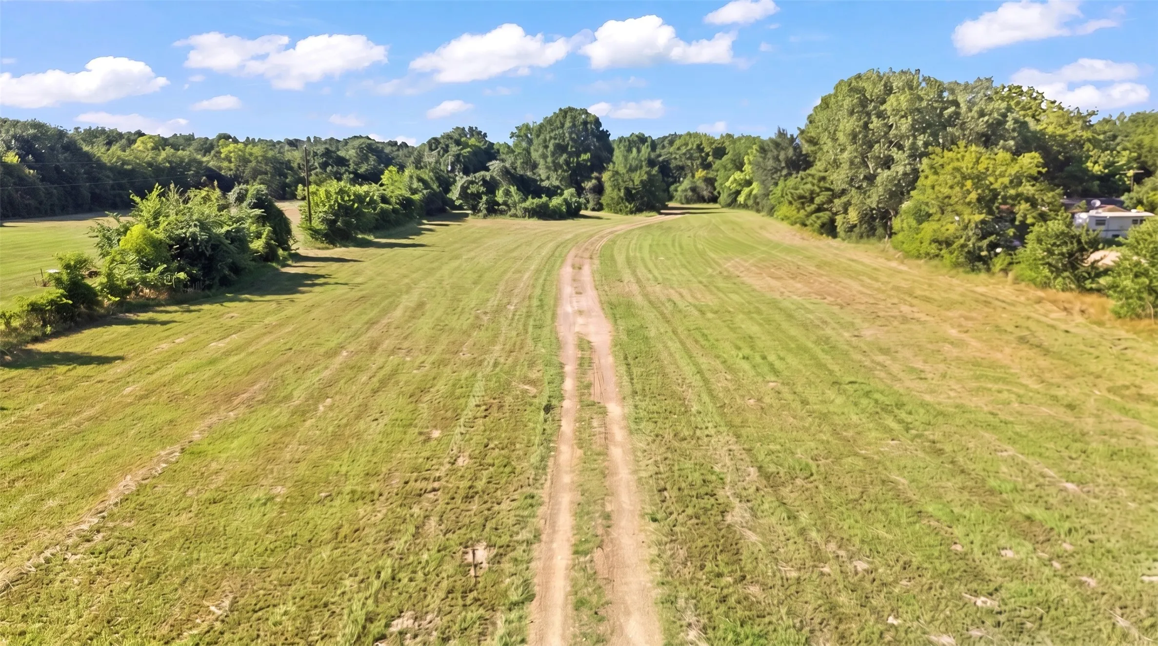 Expansive open field with a clear path, bordered by mature trees