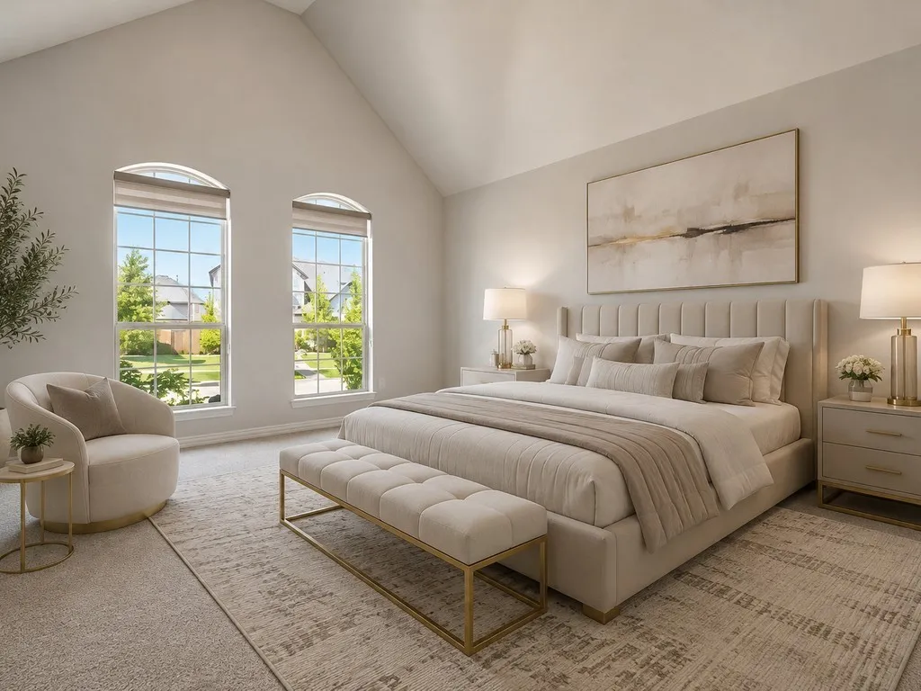 Virtually Staged Vaulted ceiling room featuring two arched top windows with integrated blinds, providing natural light