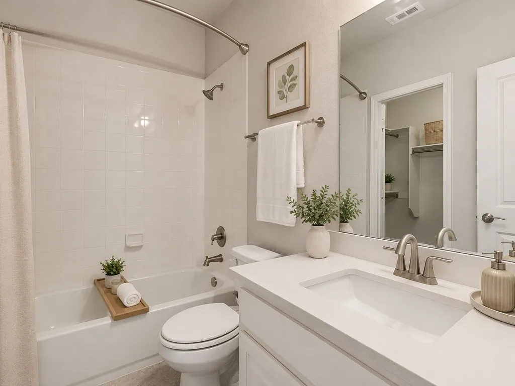 Virtually Staged Bathroom featuring a white vanity with a rectangular undermount sink, a large mirror, and a full-size bathtub with a tile surround and brushed nickel fixtures