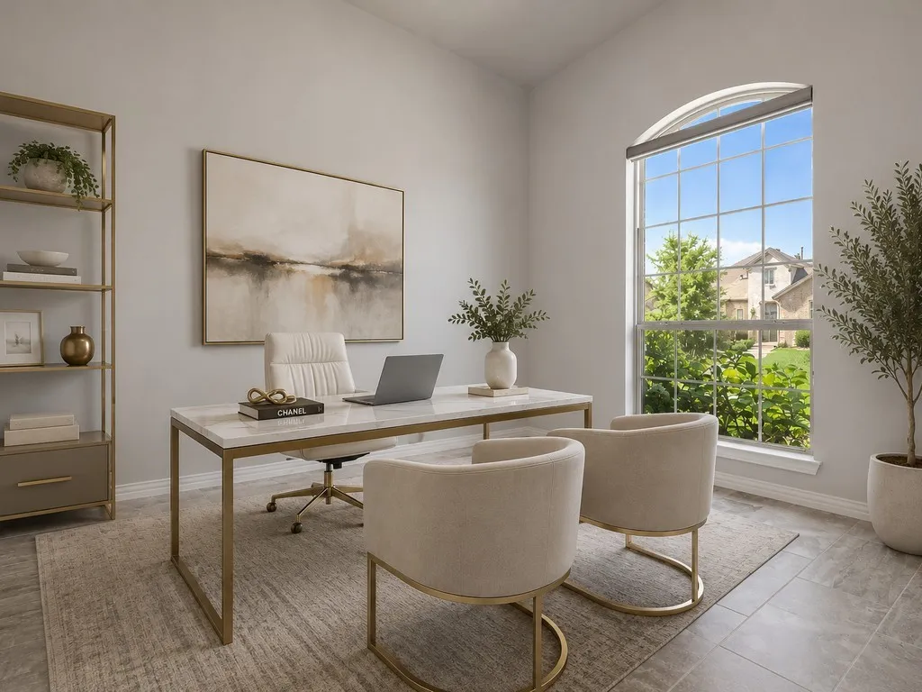 Virtually Staged Dedicated room featuring an arched window, tile flooring, and light wall tones