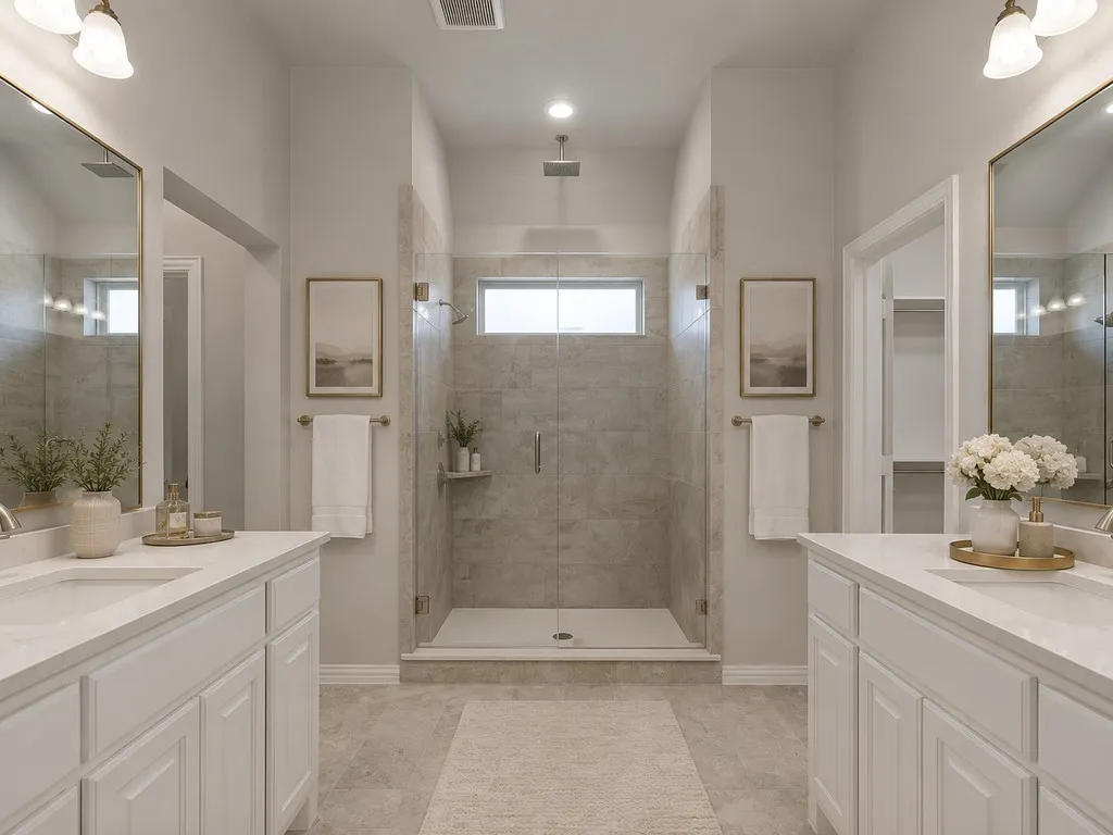 Virtually Staged Symmetrical bathroom featuring a central glass-enclosed shower, dual vanities with white cabinetry, integrated sinks, and light-toned countertops