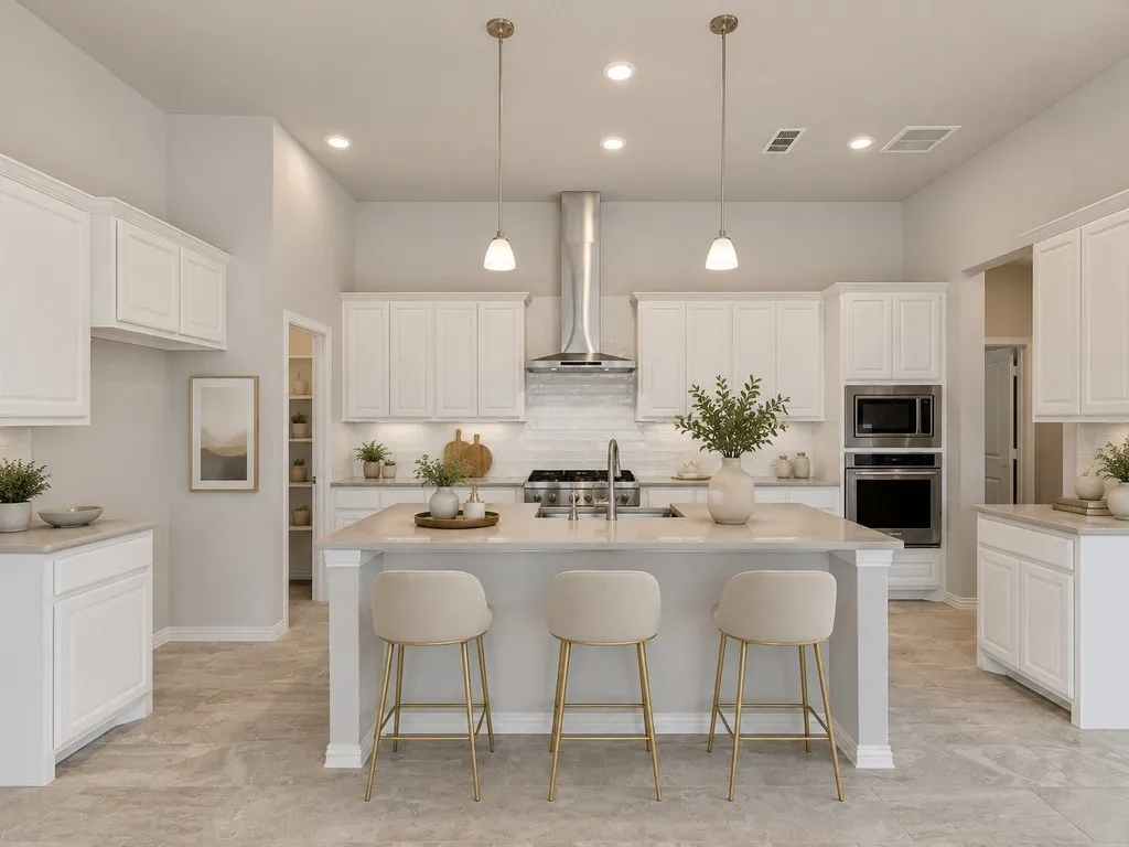 Virtually Staged Kitchen featuring a central island with countertop seating, white shaker cabinetry, stainless steel appliances, and tile flooring